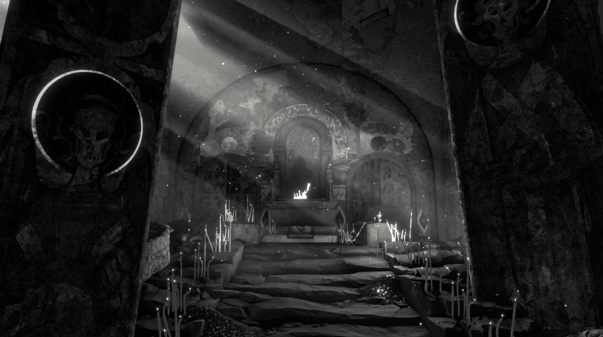 One-Eyed Likho: Dimly lit temple interior with stone steps and eerie candlelit altar in background