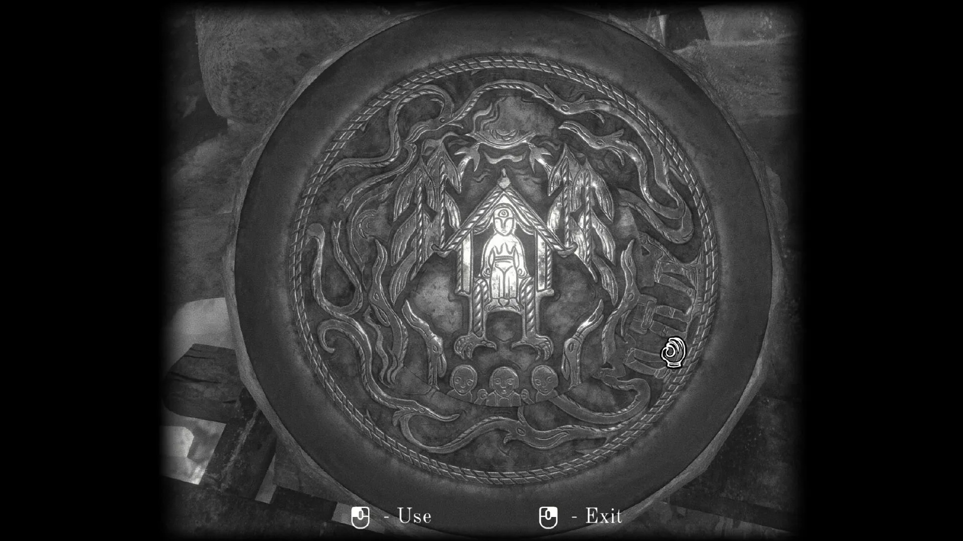 One-Eyed Likho: Intricate engraved plate puzzle with use and exit options in a dark, eerie setting.