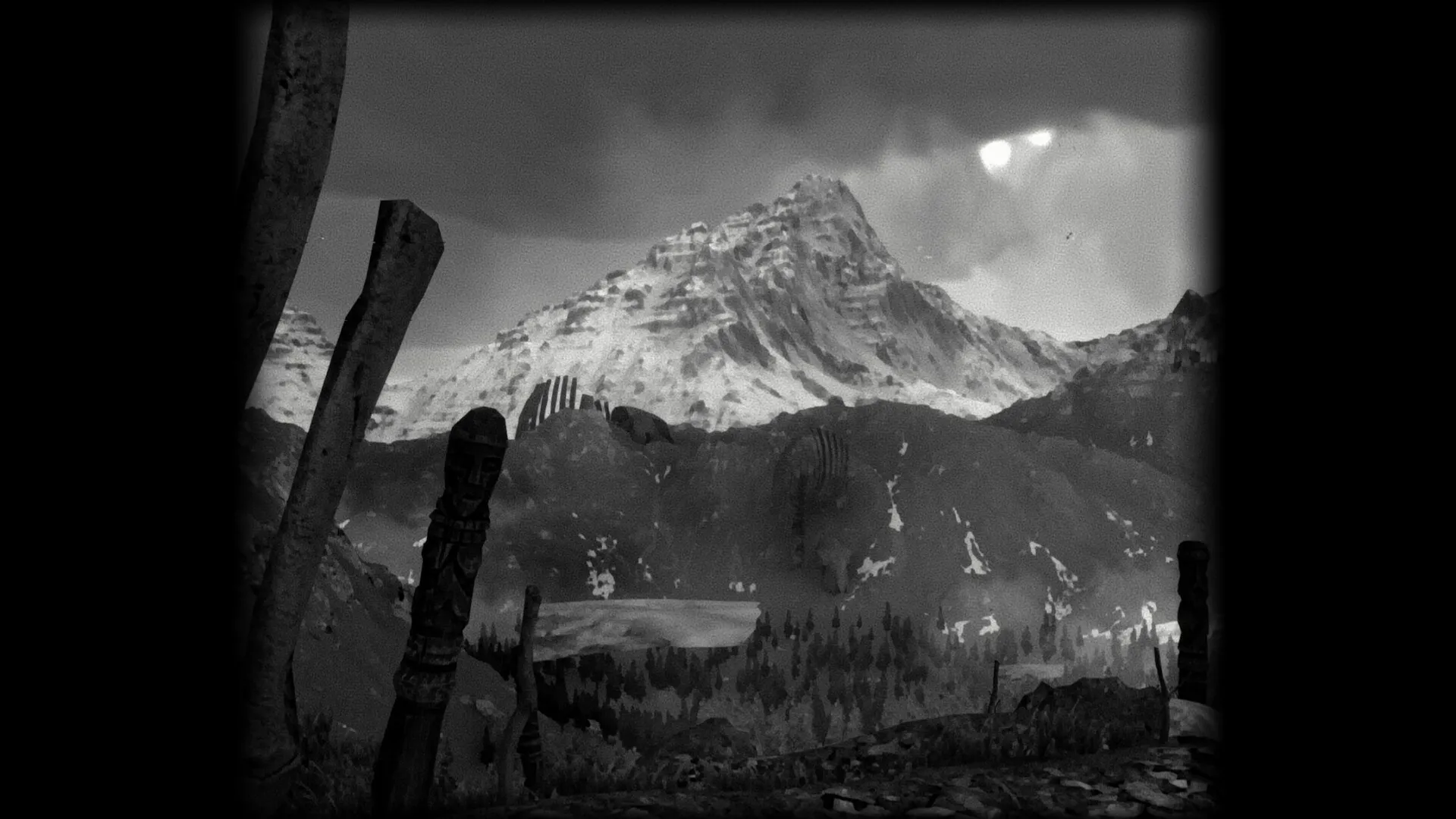 One-Eyed Likho: Snow-capped mountain view with carved wooden totems in the foreground, dark sky above