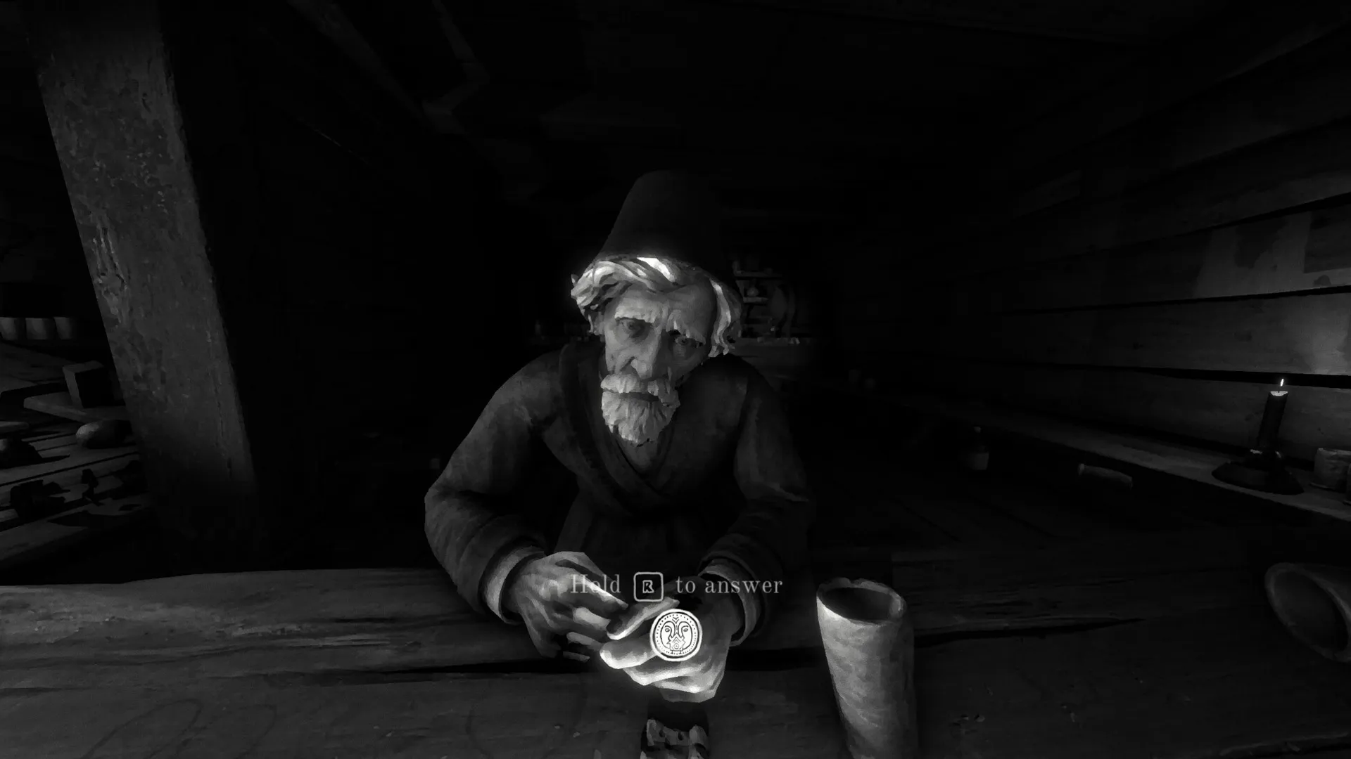 One-Eyed Likho: Elderly man in dimly lit tavern holding a coin, "Hold R to answer" prompt visible
