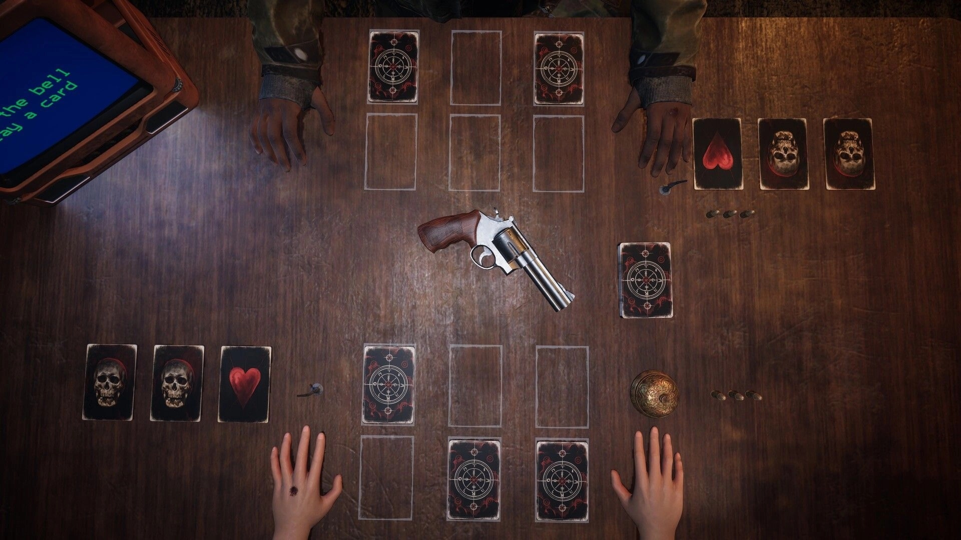 One Less Choice: Intense card and revolver showdown on wooden table with opposing hands visible