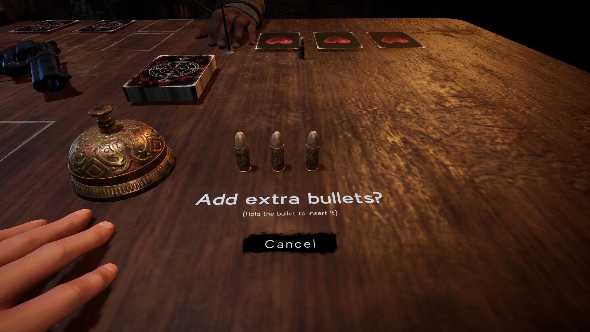 One Less Choice: Intense table setting for Russian Roulette with bullets and cards in dimly lit room