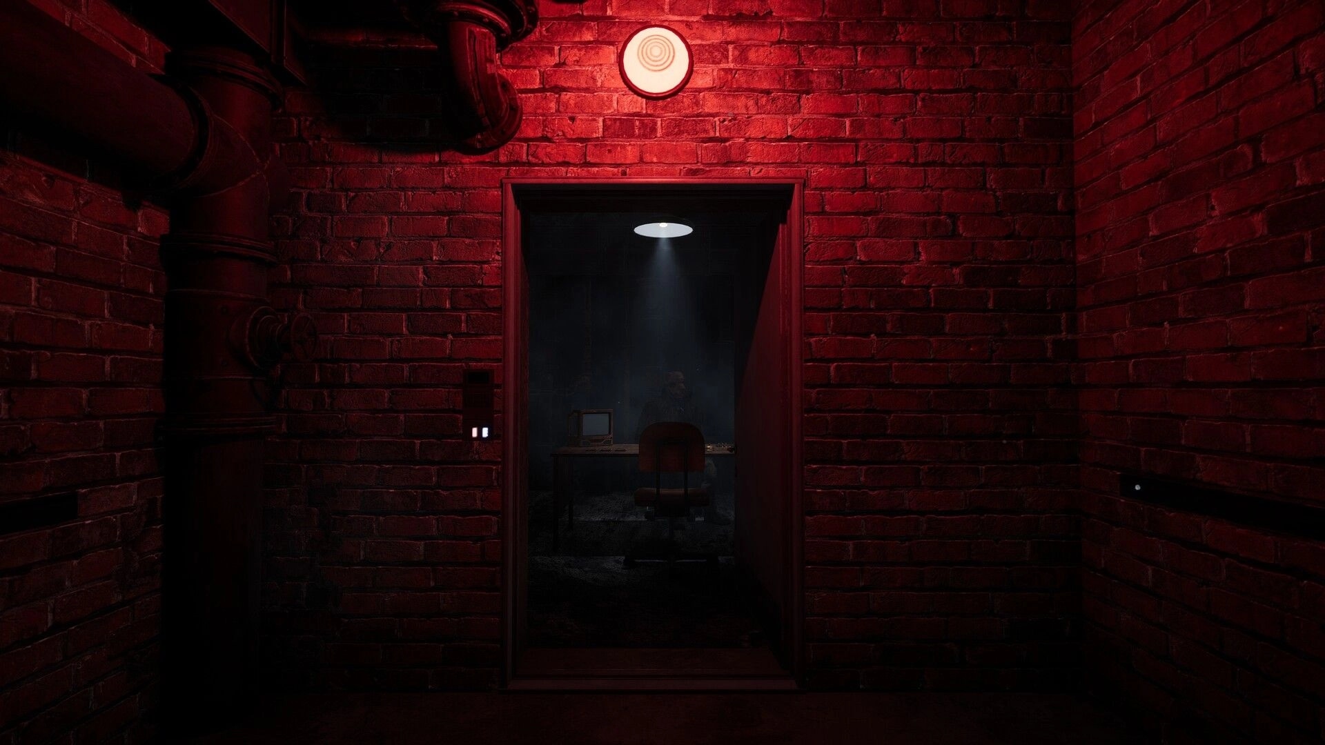 One Less Choice: Dimly lit room with a single chair and desk under red light in a brick-walled corridor