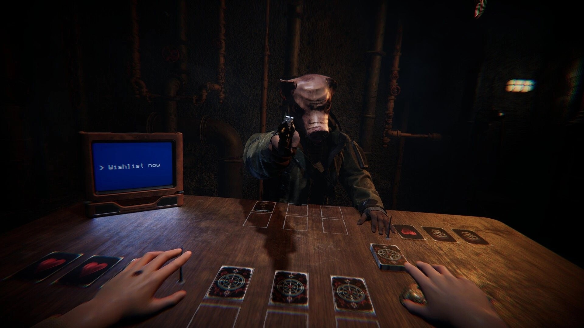 One Less Choice: Opponent in pig mask aims gun across card-laden table in dimly lit room.