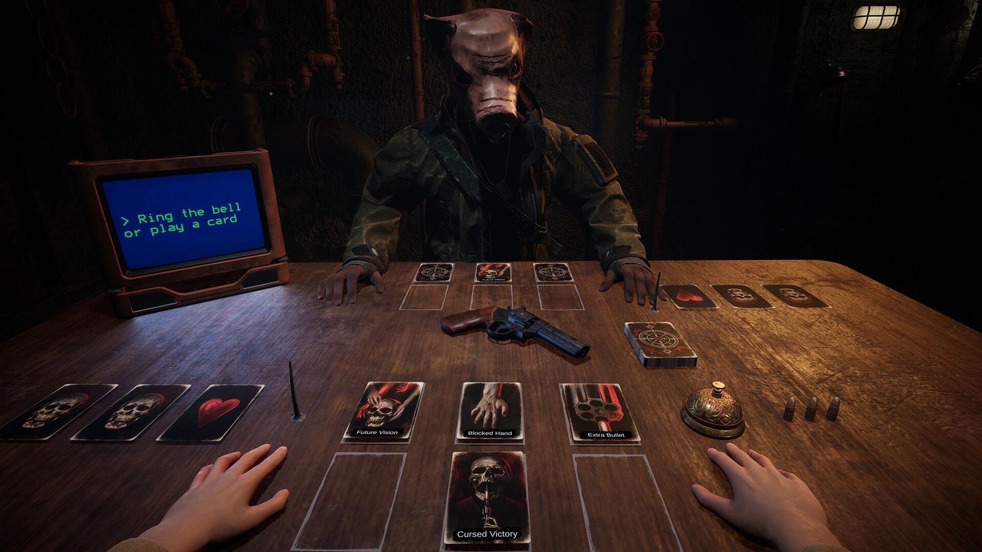 One Less Choice: Intense card game duel with masked opponent and revolver on dimly lit wooden table