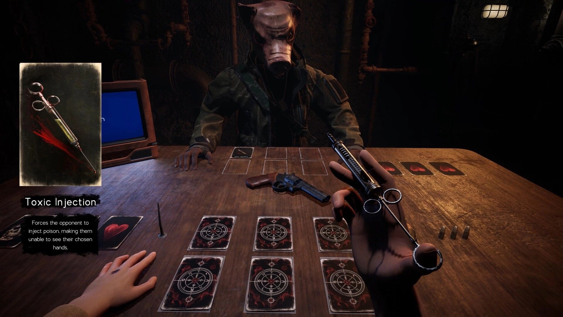 One Less Choice: Player holds syringe in tense card game against masked opponent in dimly lit room