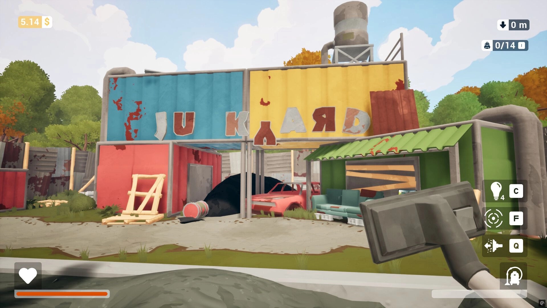 One Man´s Trash: Exploring junkyard with vacuum tool, visible item icons, and health bar in HUD
