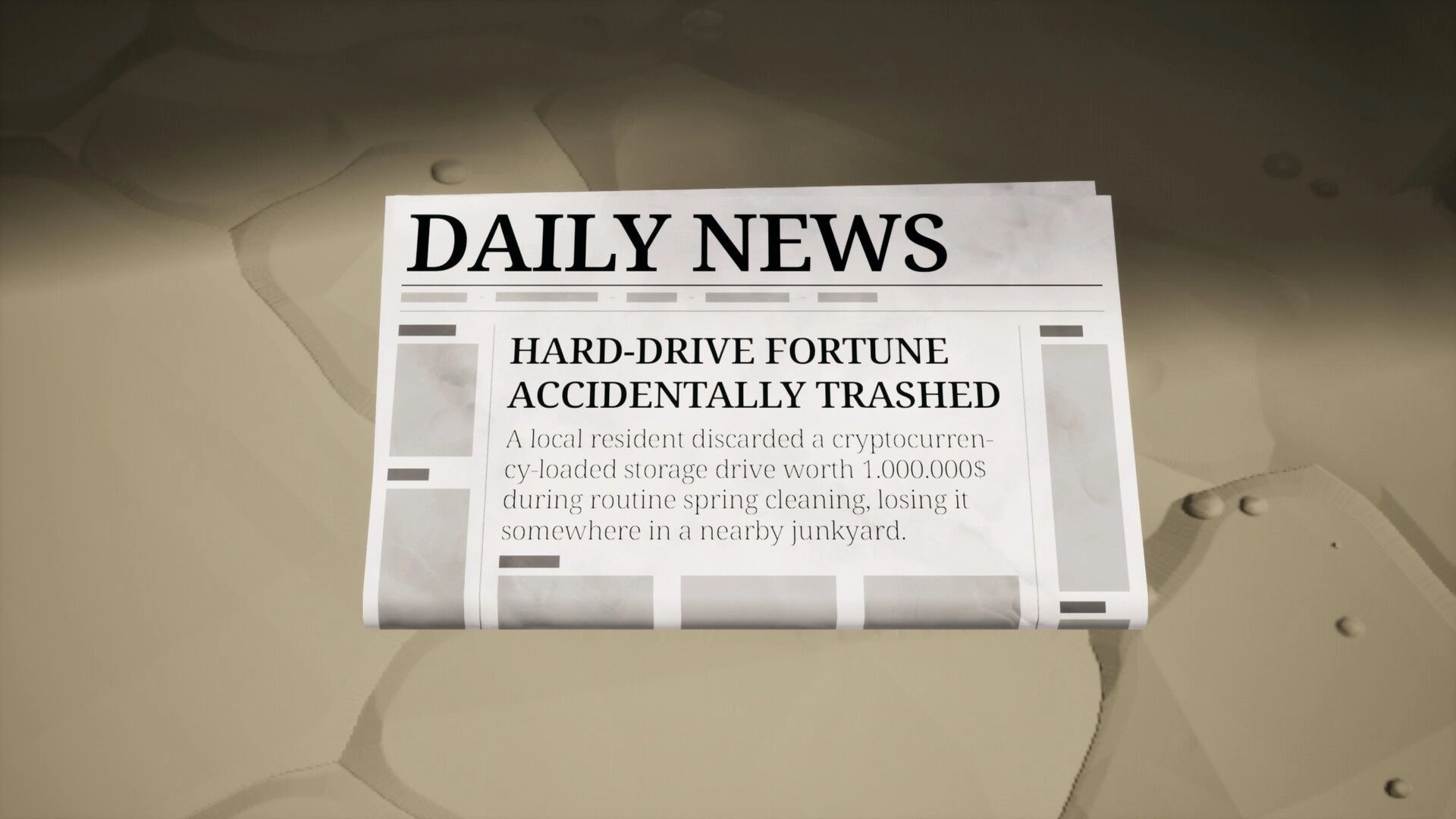 One Man´s Trash: Newspaper headline about trashed hard drive fortune in junkyard setting