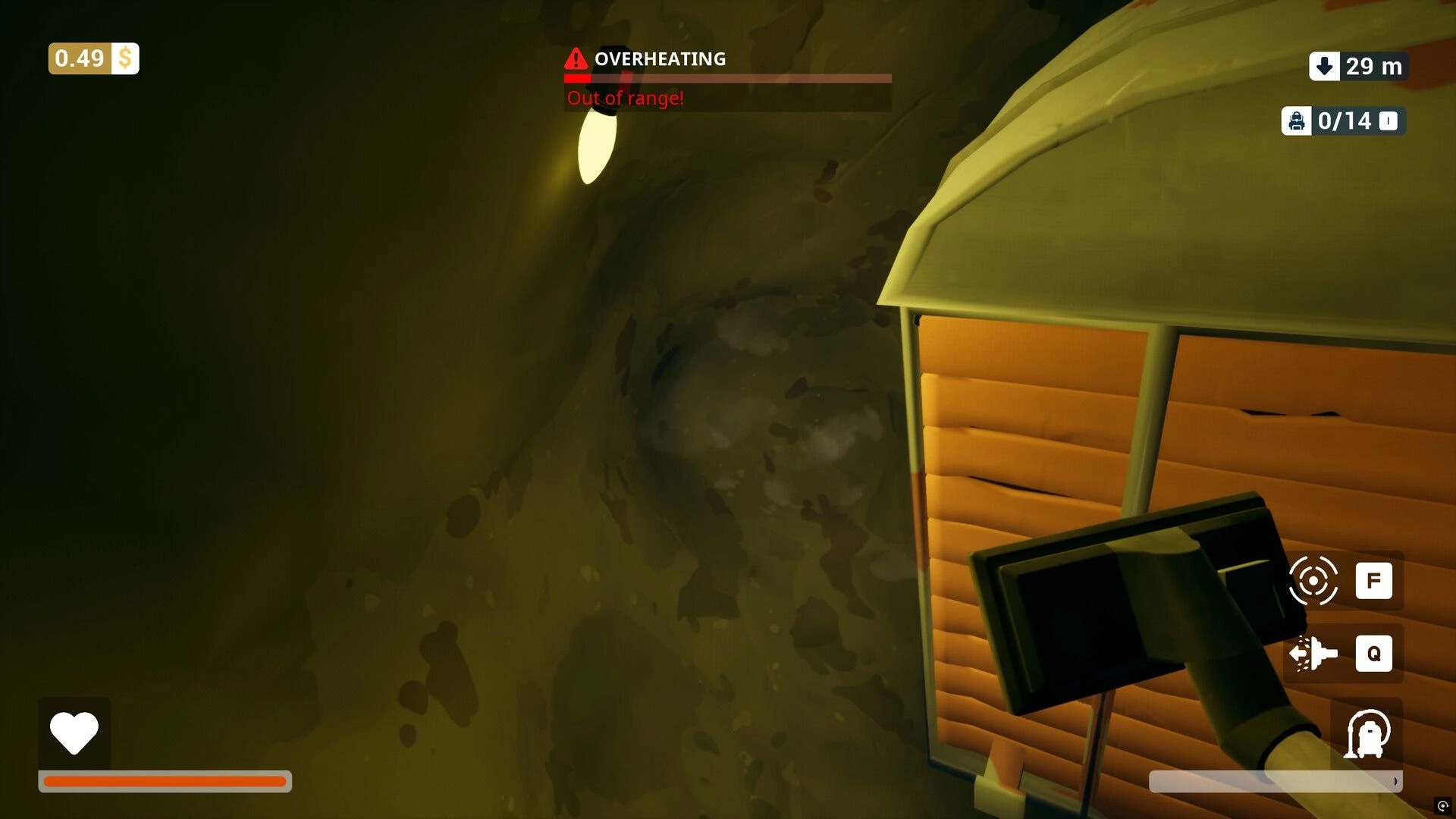 One Man´s Trash: Vacuum overheating warning in dimly lit tunnel with vacuum controls displayed on screen