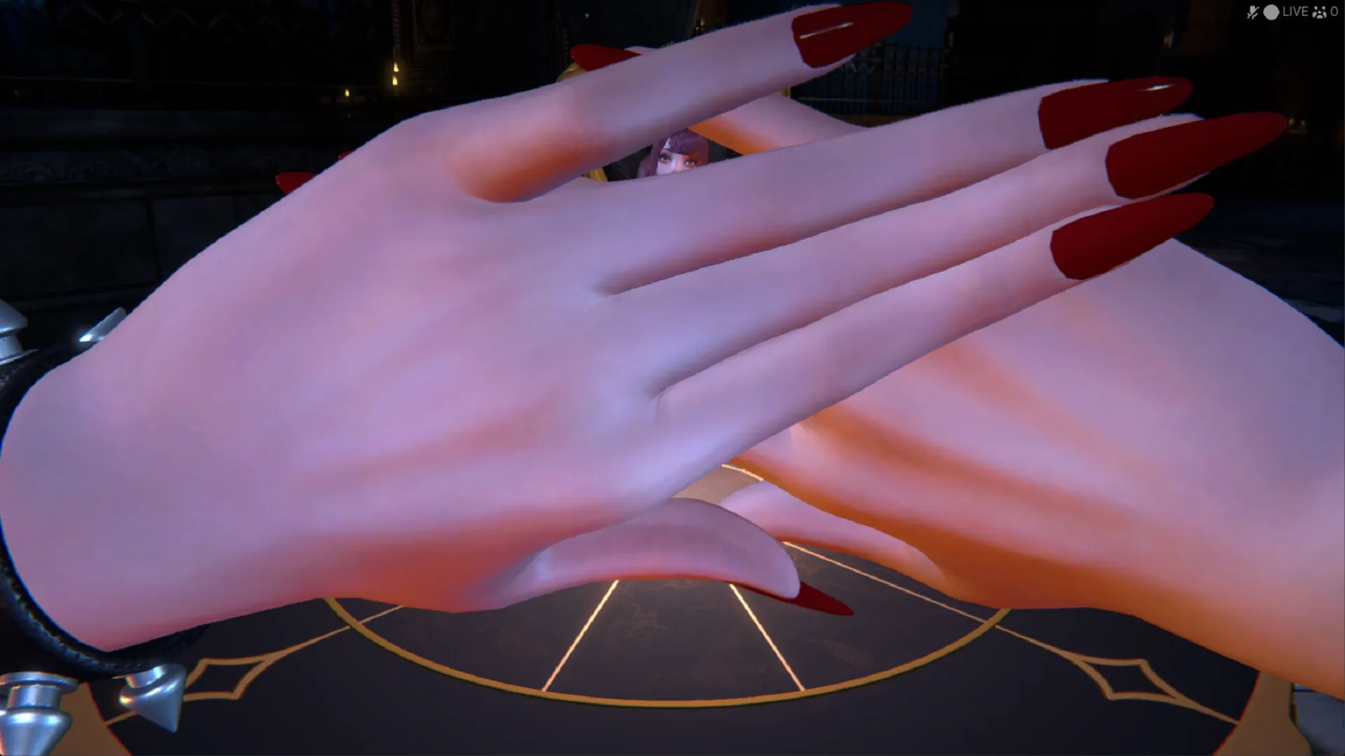 One More Bang: Close-up view of hands with red nails concealing a character's face in a dimly lit room.