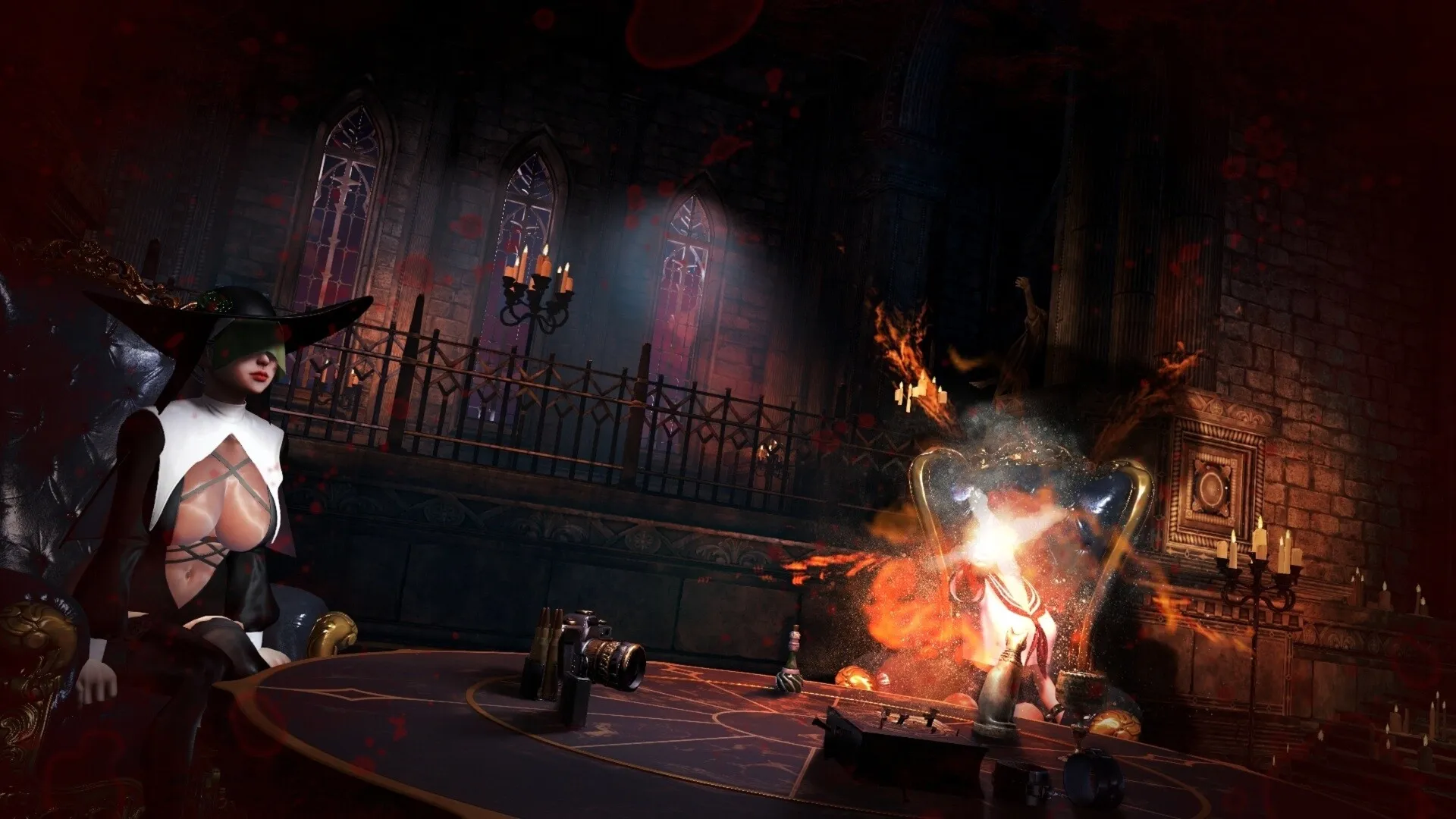 One More Bang: Mysterious character in dark room with candles, ornate chairs, and table with items