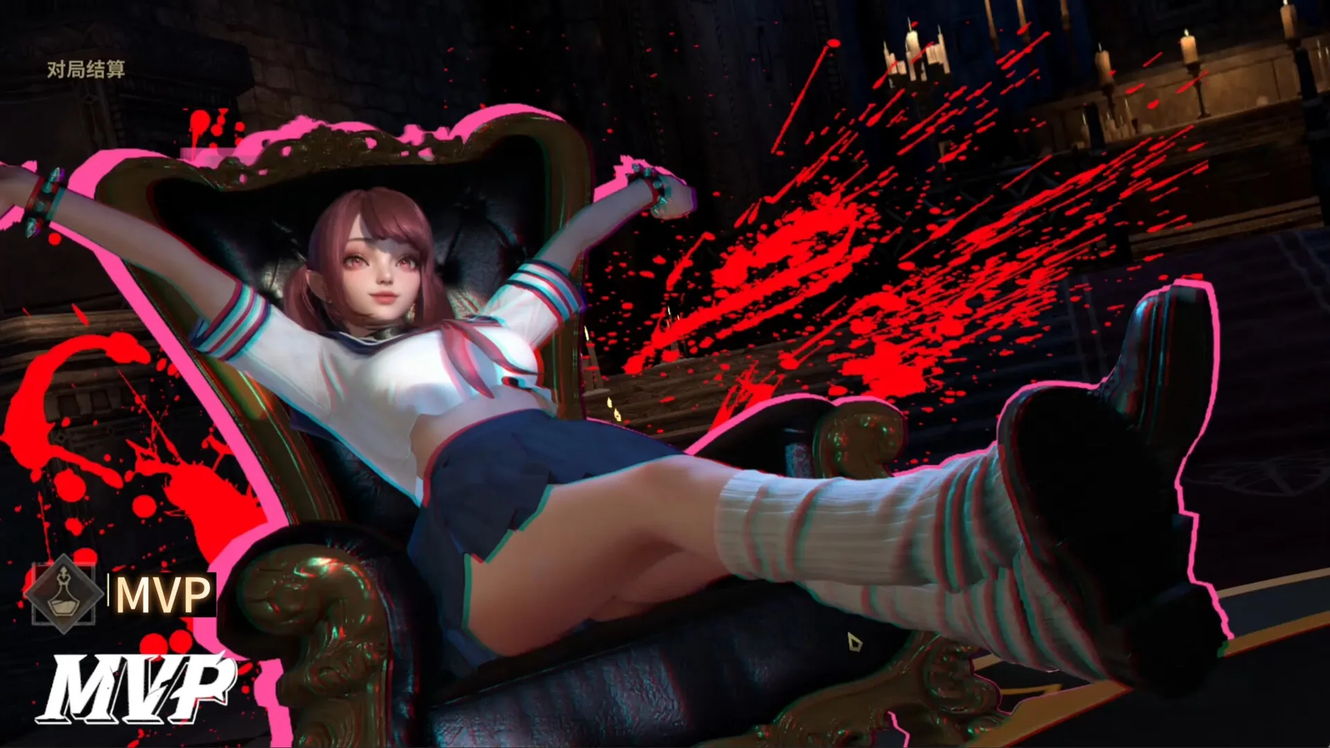 One More Bang: MVP character lounging in a chair with vivid red splatters in a dimly lit room.