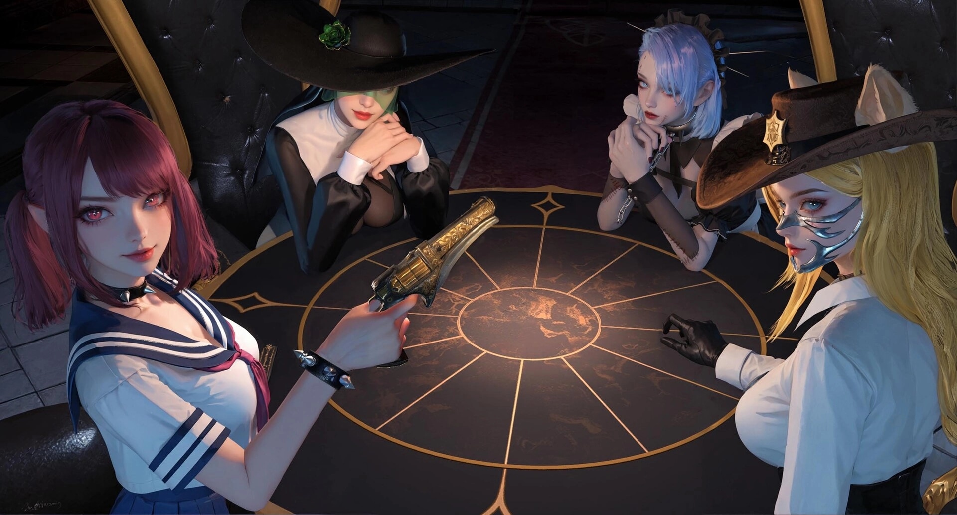 One More Bang: Four characters seated around a circular table, one aiming a golden revolver.