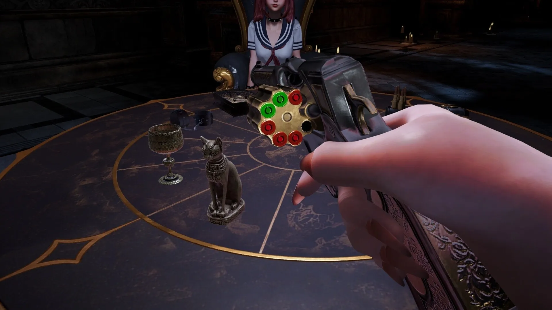 One More Bang: Player aims revolver at table with roulette chamber visible in dimly lit room.