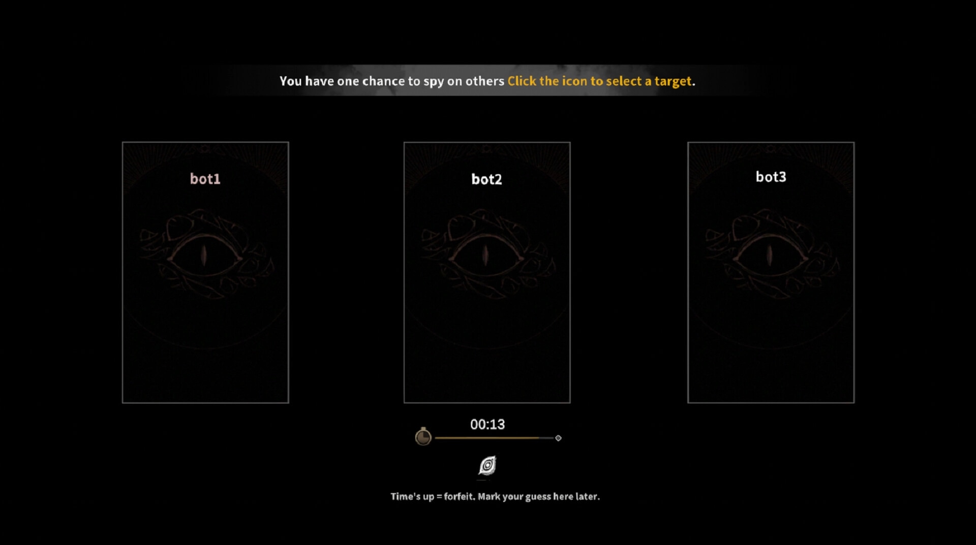 One More Bang: Spy selection screen with three bot targets and countdown timer in dark interface