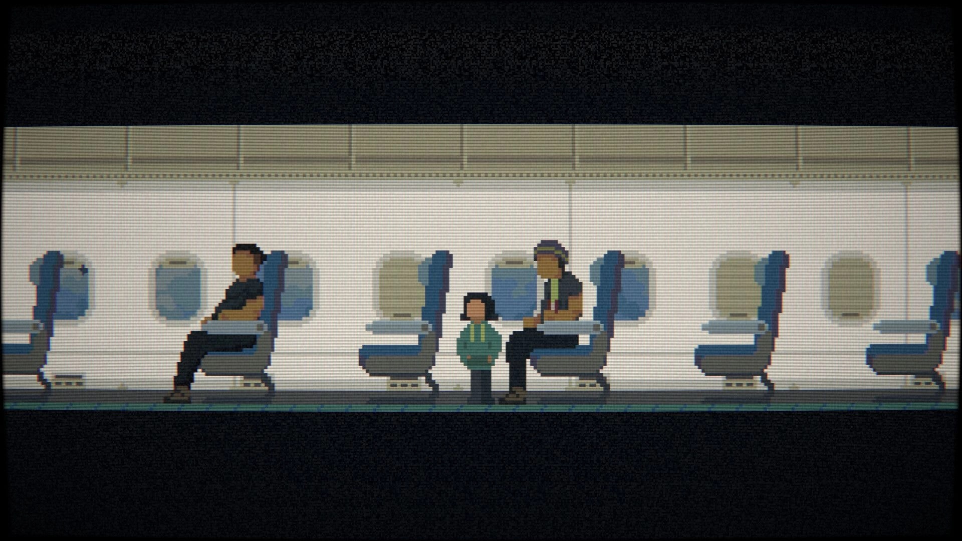 One More Flight: Child stands between seated passengers in airplane cabin aisle with window seats nearby.