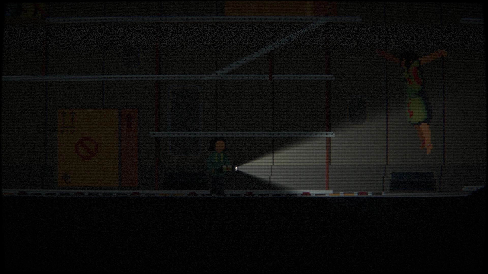 One More Flight: Player aims a flashlight in a dark cargo bay, body hanging beside a sealed door.