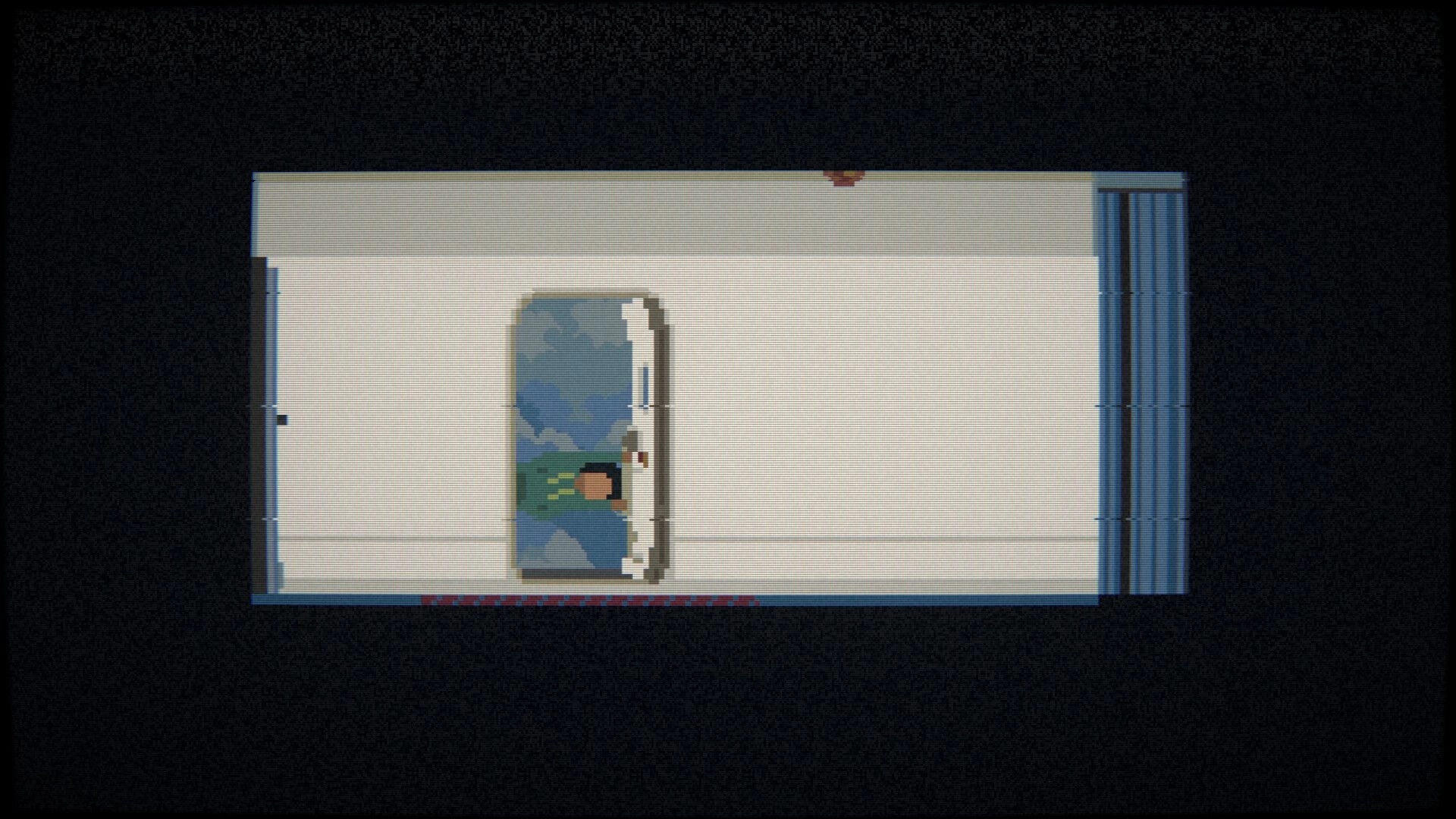 One More Flight: Top-down view of a passenger lying in a narrow bed inside a plain cabin room.