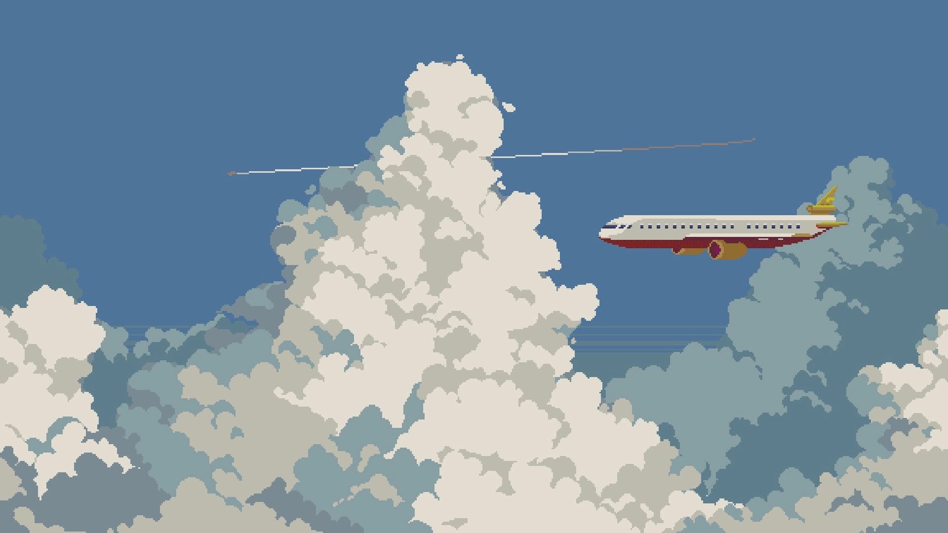 One More Flight: Pixel-art passenger jet cruising past towering clouds in a clear blue sky.