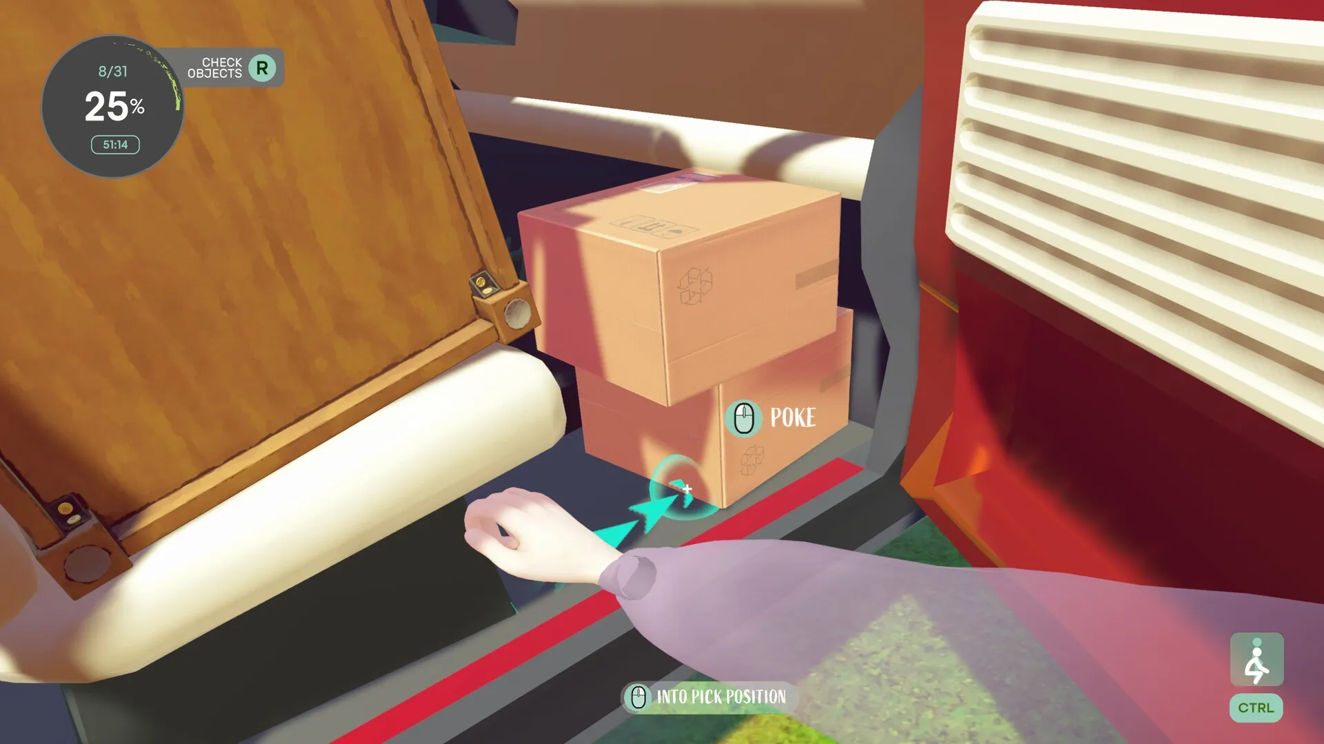 One Move Away: Player interacting with packed boxes in a van, UI shows object count and time elapsed