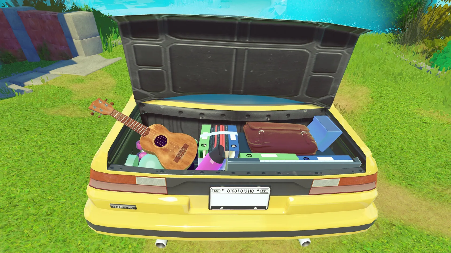 One Move Away: Packed car trunk with guitar, books, and suitcase in a sunny, grassy outdoor setting
