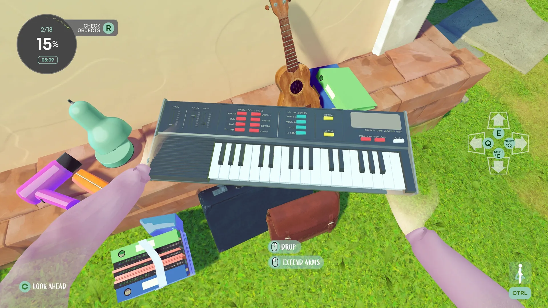 One Move Away: Player holding keyboard in front yard with packing items and UI controls visible