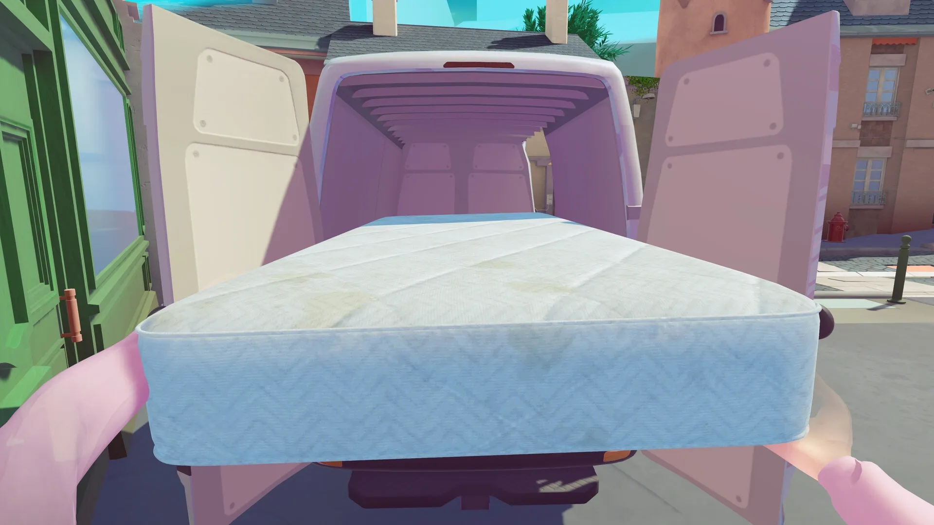 One Move Away: Loading a mattress into a van on a sunny street with colorful buildings in the background