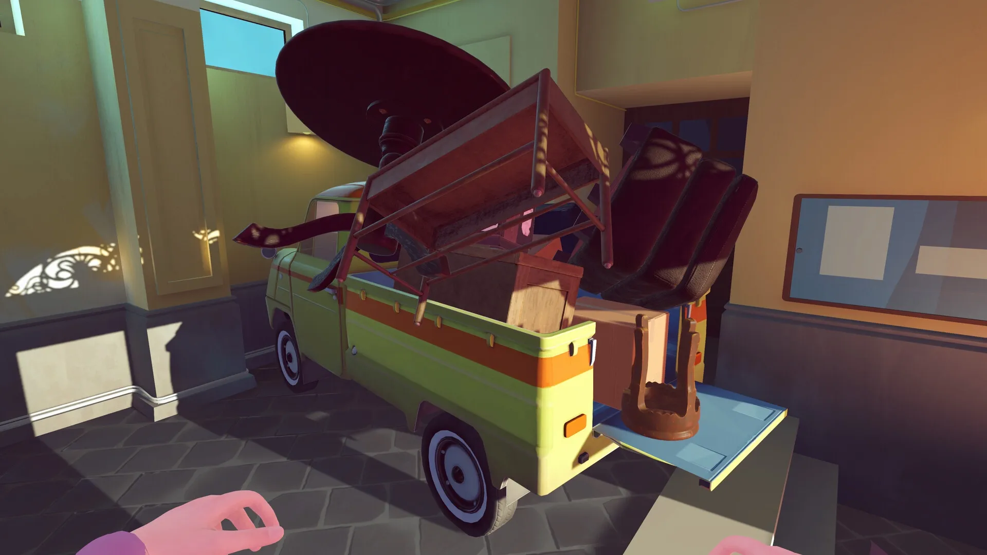 One Move Away: Player packing furniture into a retro van in a sunlit room with tiled floor