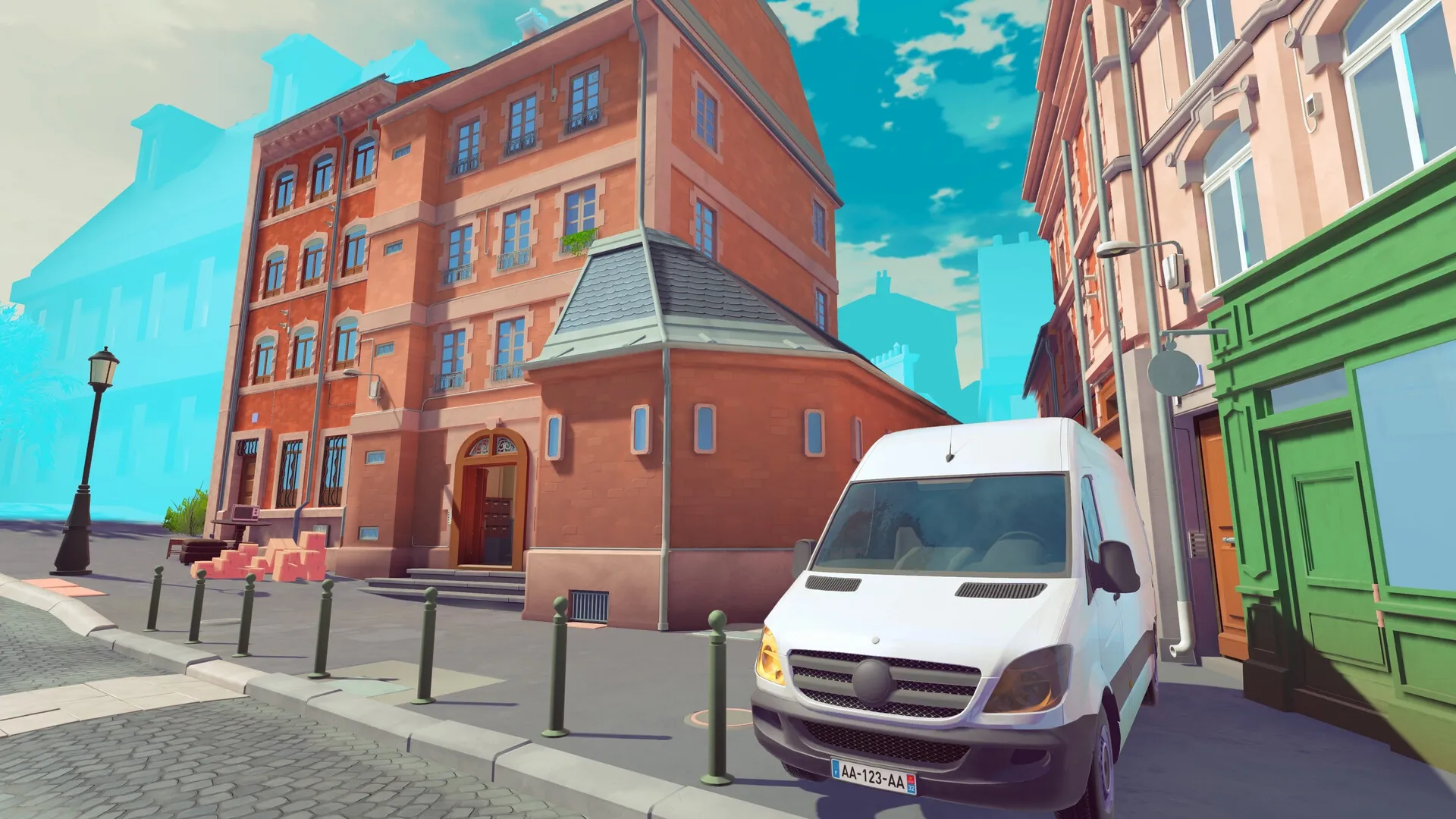 One Move Away: Moving van parked outside red brick building on a sunny street corner
