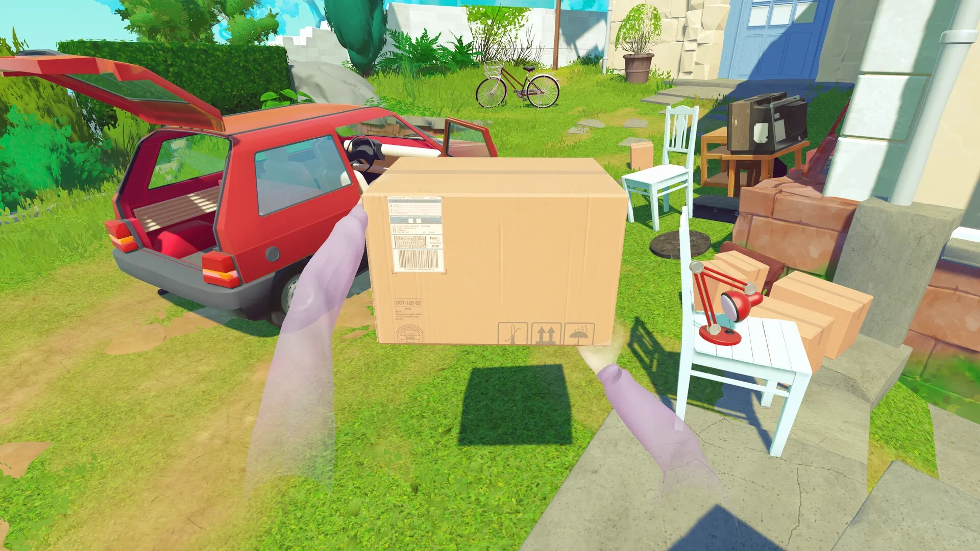 One Move Away: Packing a car with boxes and furniture in a sunny, suburban garden setting