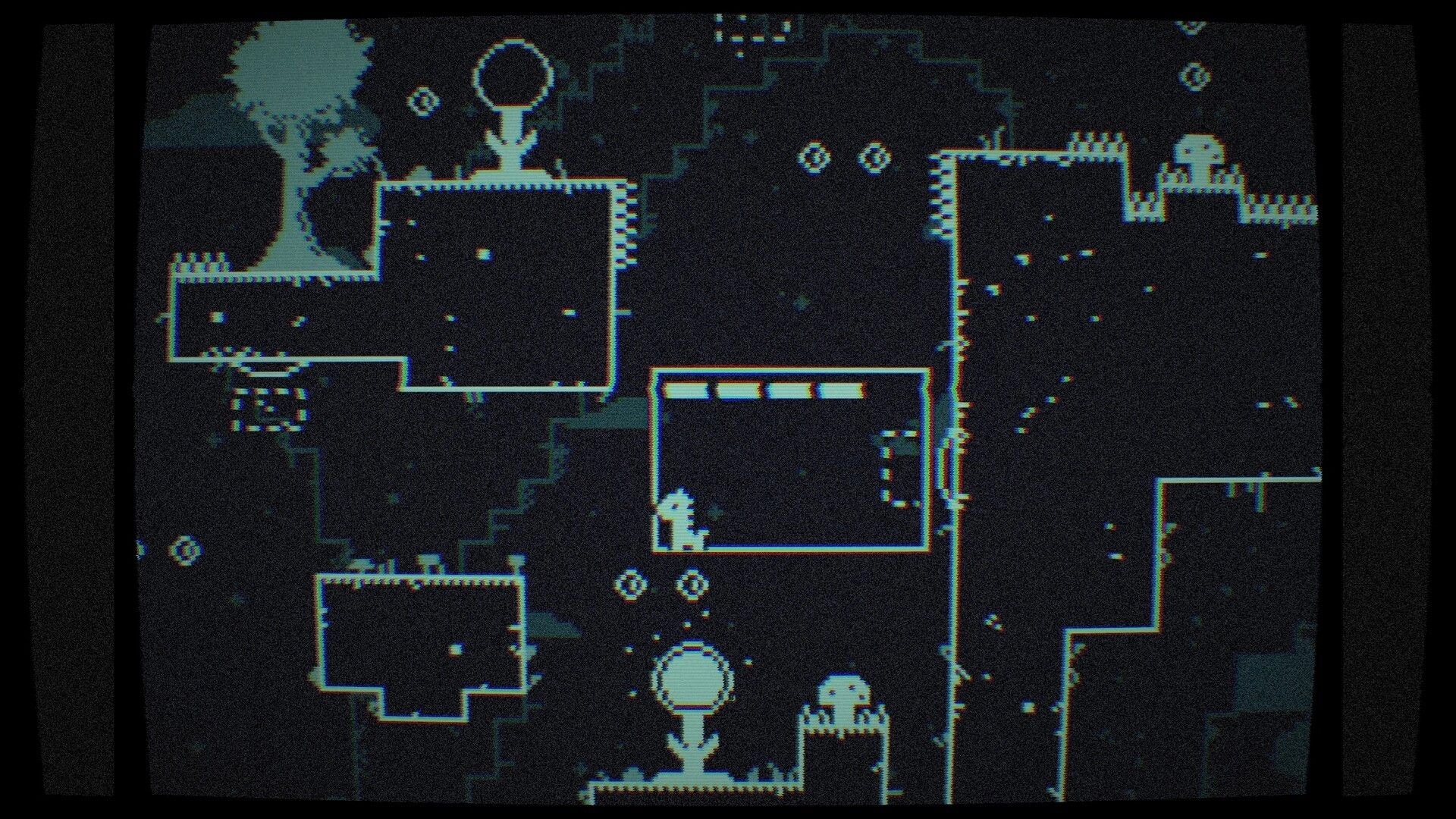 One Neck Ahead: Kid Giraffe climbs a box room with spikes and ledges in a dark pixel forest cave.