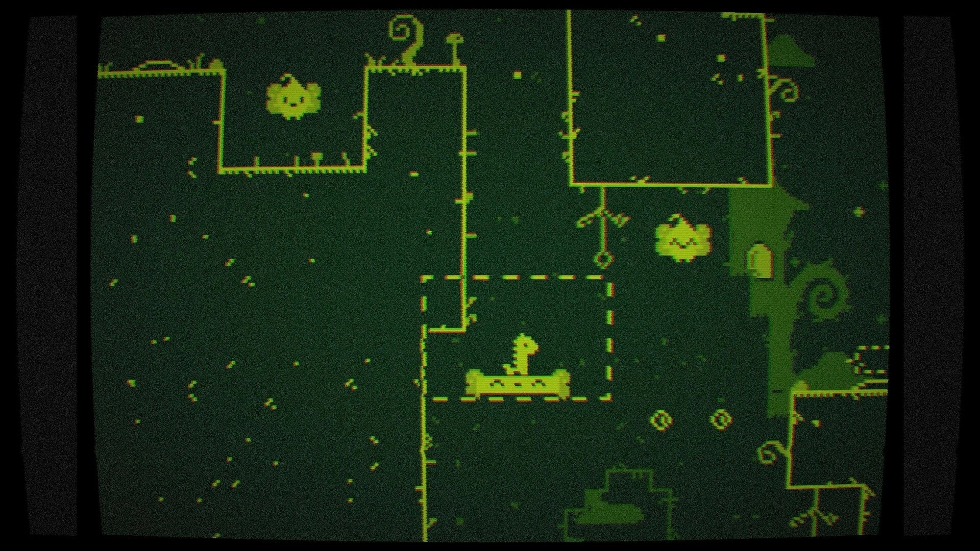 One Neck Ahead: Kid Giraffe jumps between vine platforms in a dark forest cavern with VHS scanlines.