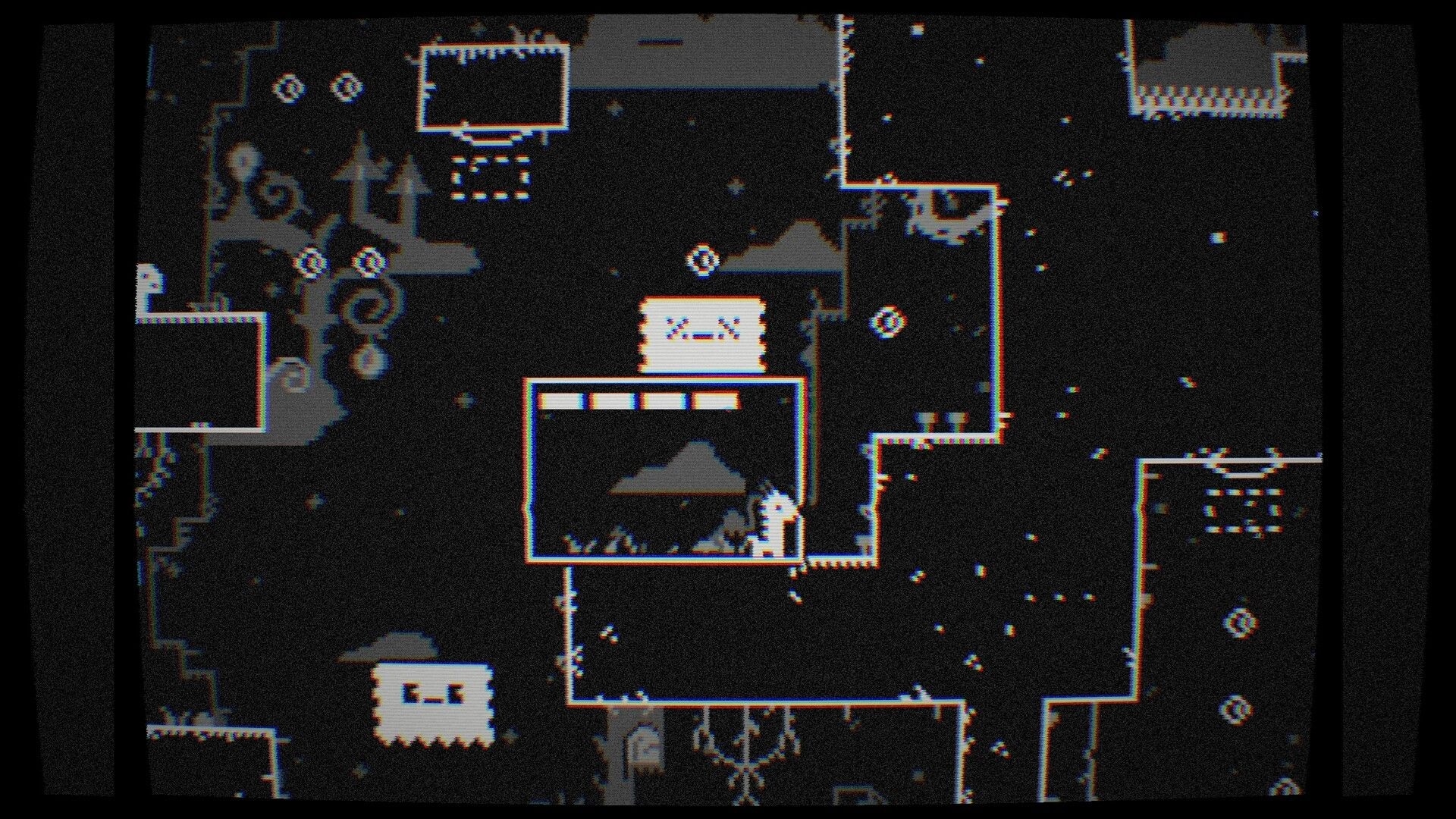 One Neck Ahead: Kid Giraffe climbs a blocky platform in a dark cavern with floating ghost foes.