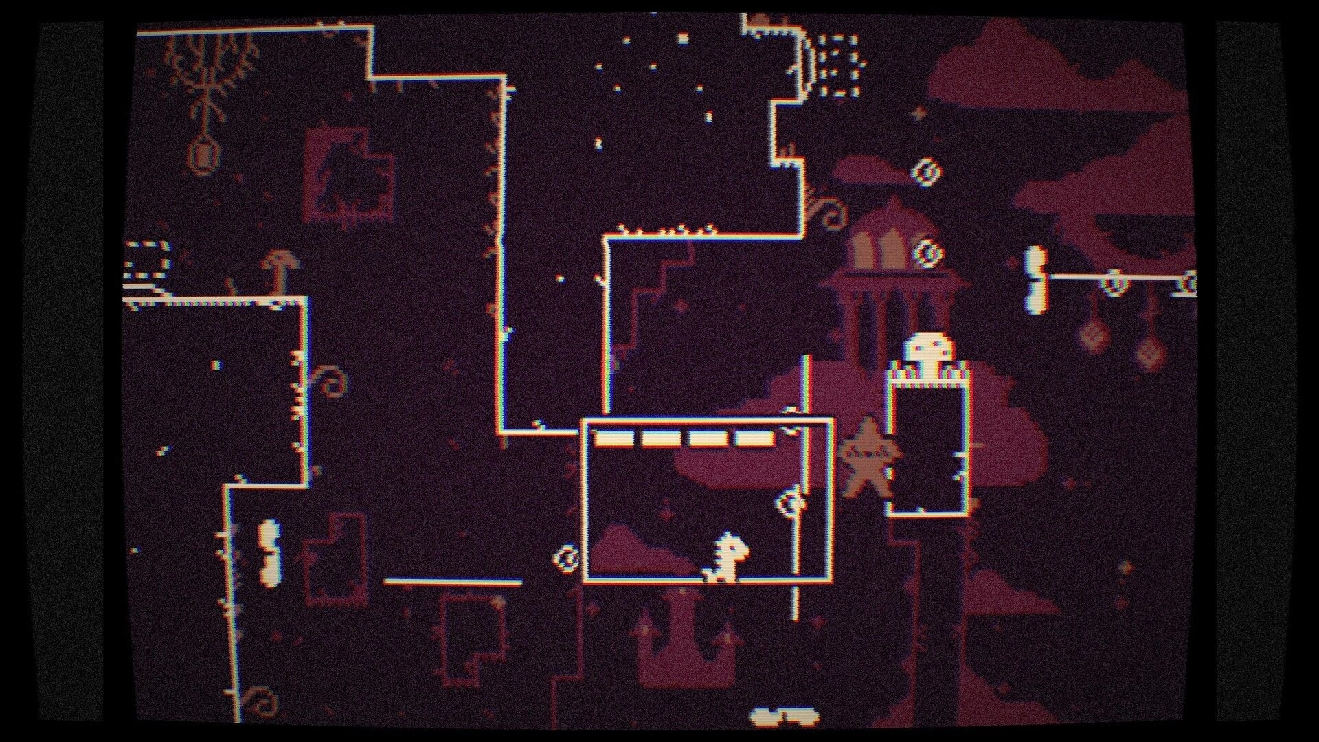 One Neck Ahead: Kid Giraffe in a boxed room under a platform, neon outlines in dark forest ruins.