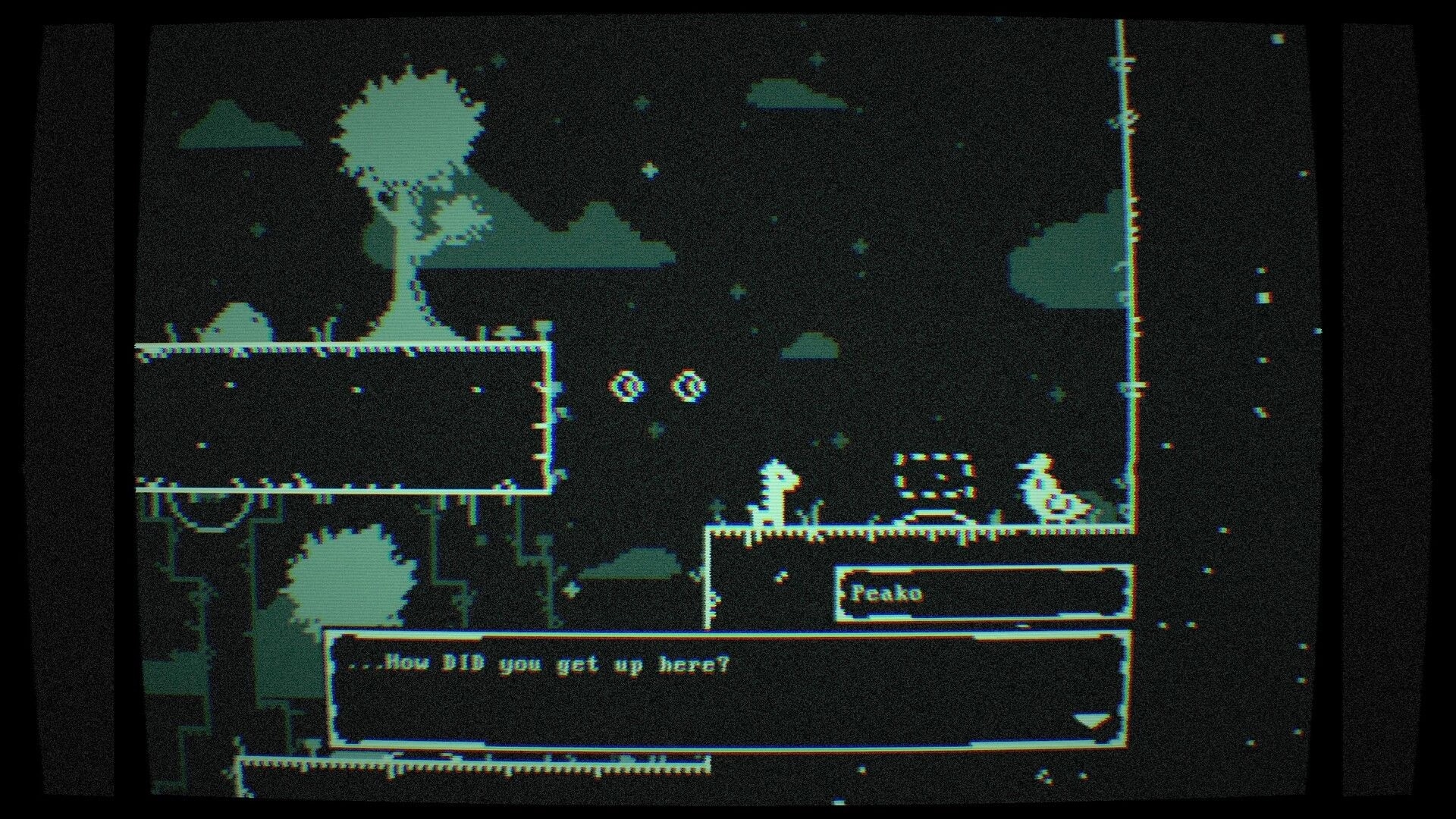 One Neck Ahead: Kid Giraffe talks to Peako on a ledge under starry sky, dialogue box visible.