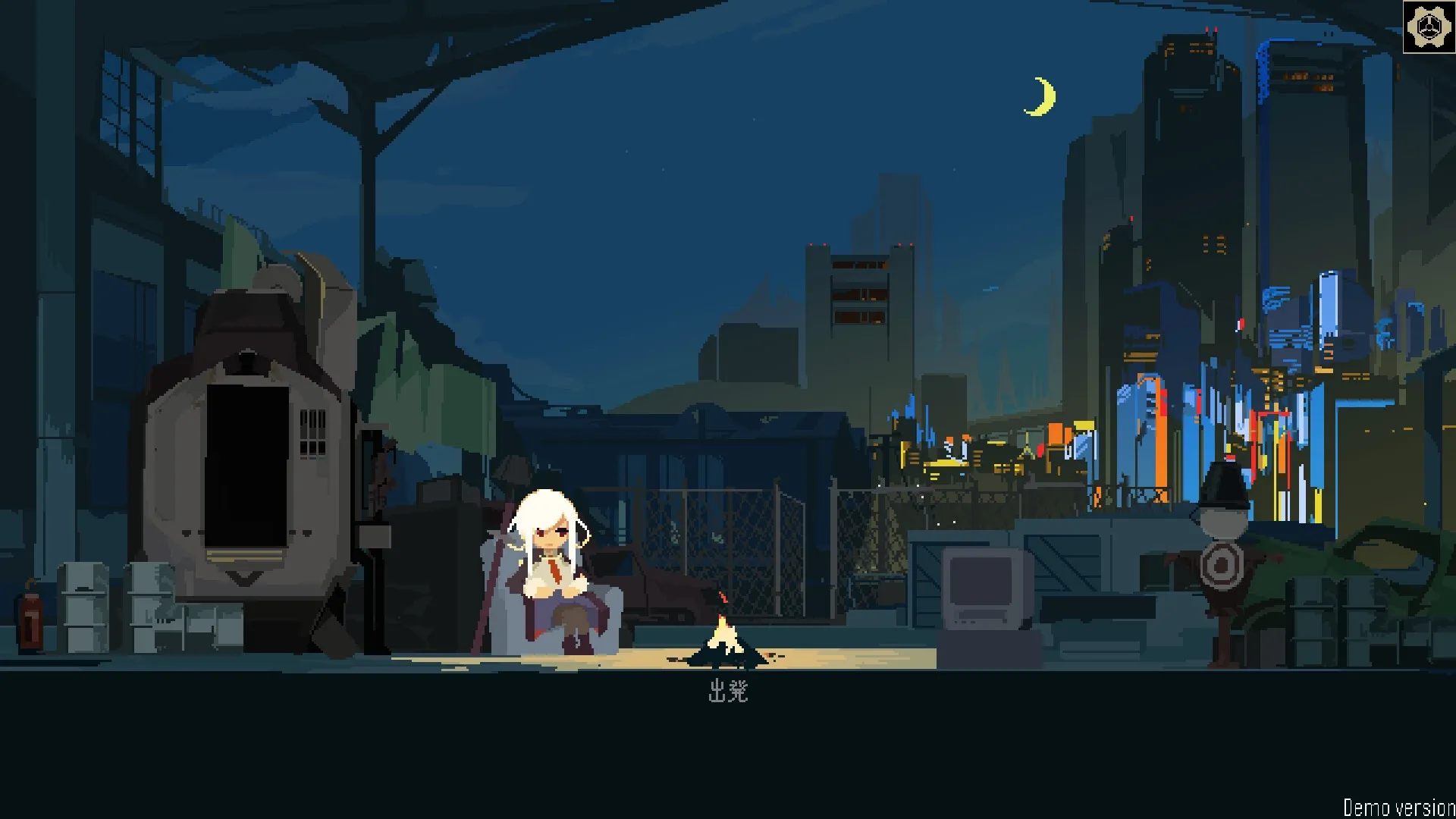 One Turn Kill: Protagonist sits by a campfire in a pixel art wasteland with distant city lights.