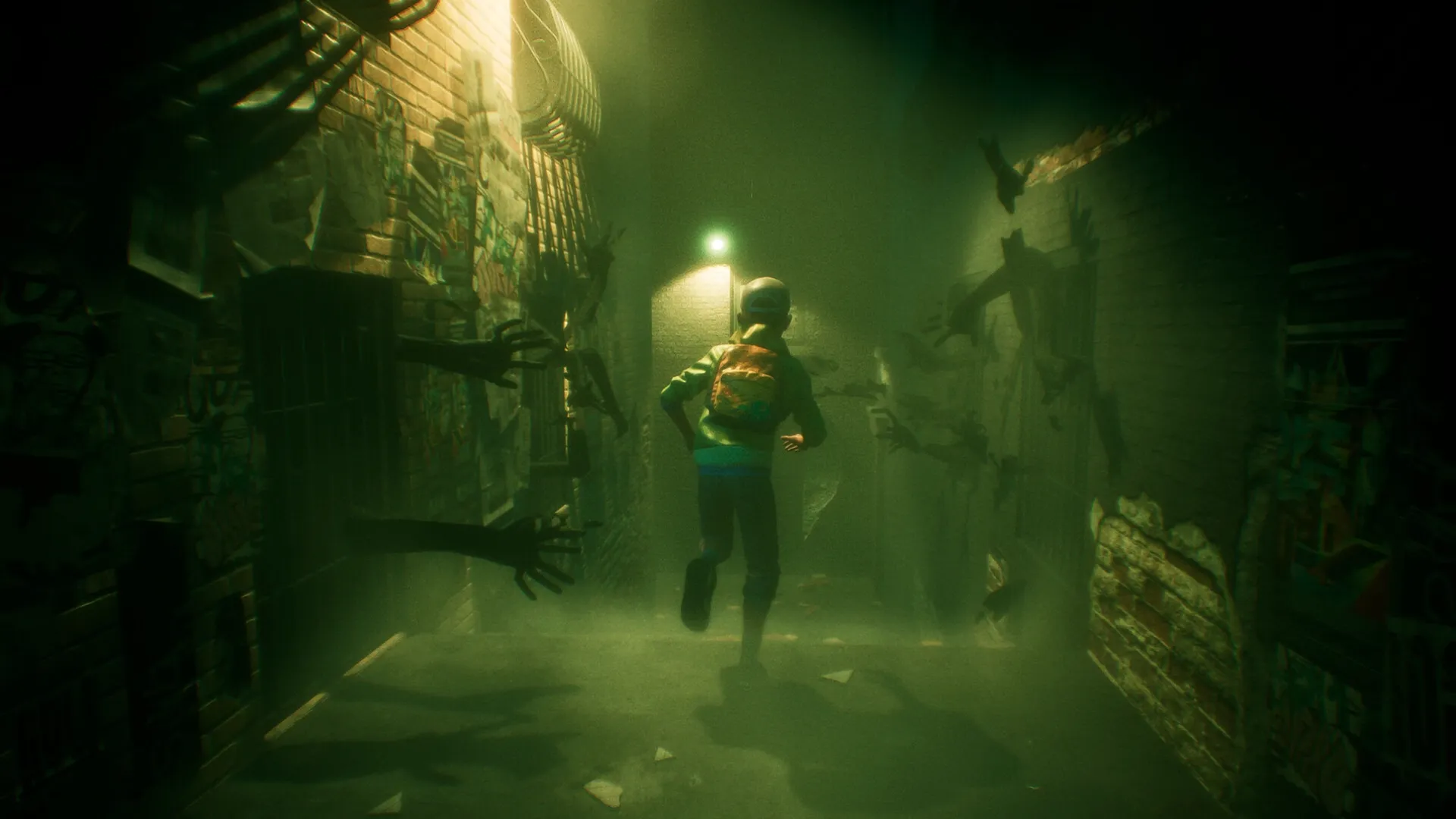 ONE WAY HOME: Boy running through eerie alley with grasping shadowy hands reaching from walls