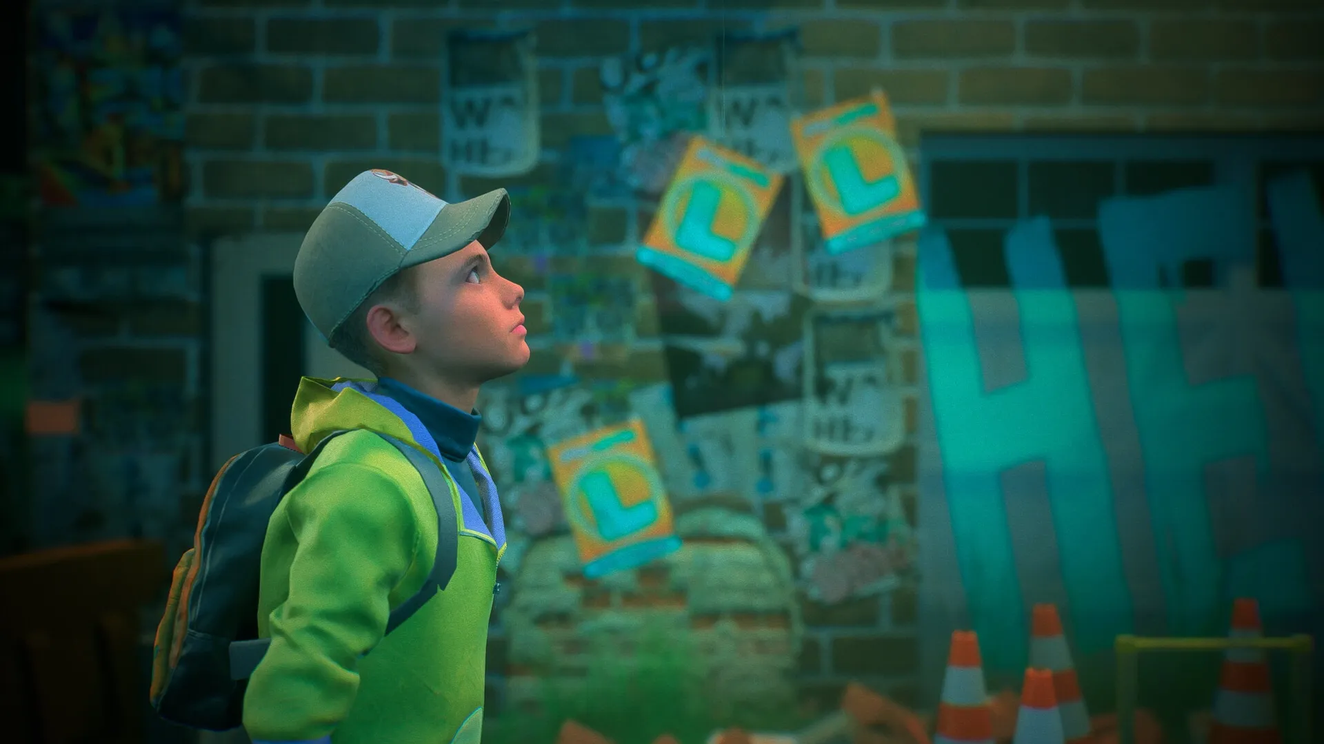 ONE WAY HOME: Boy in green jacket explores graffiti-covered alley with traffic cones scattered around