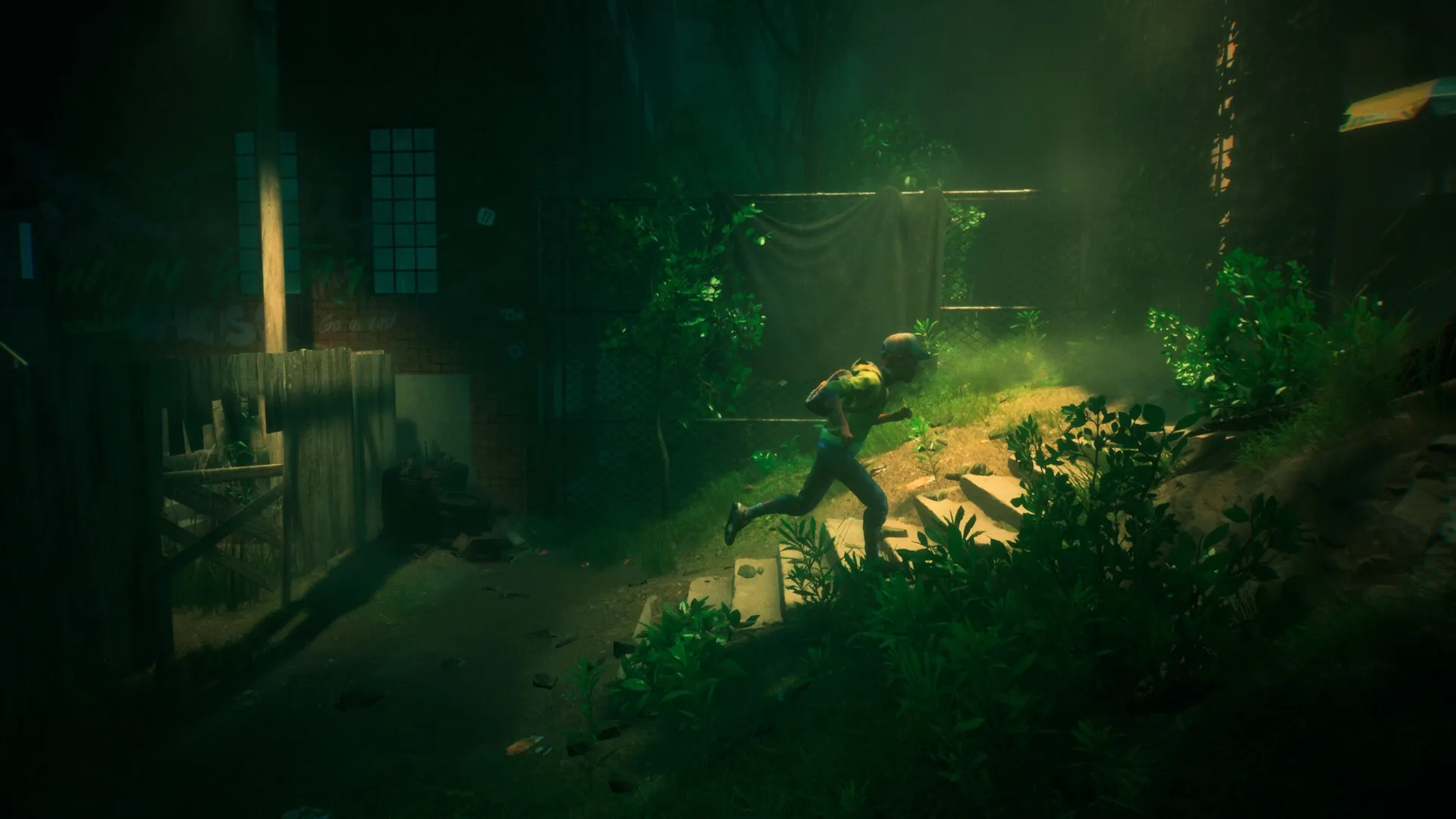 ONE WAY HOME: Boy running uphill through eerie overgrown alley at night, shadows cast by dim lighting