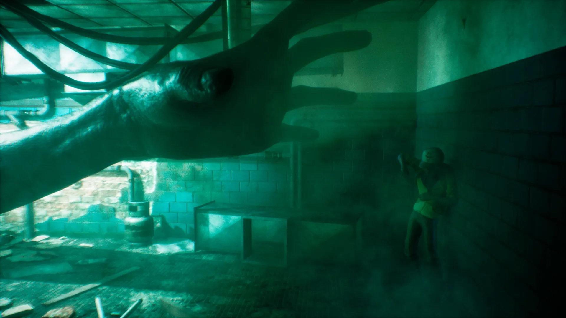 ONE WAY HOME: Giant hand reaching for frightened boy in a dimly lit, eerie industrial room