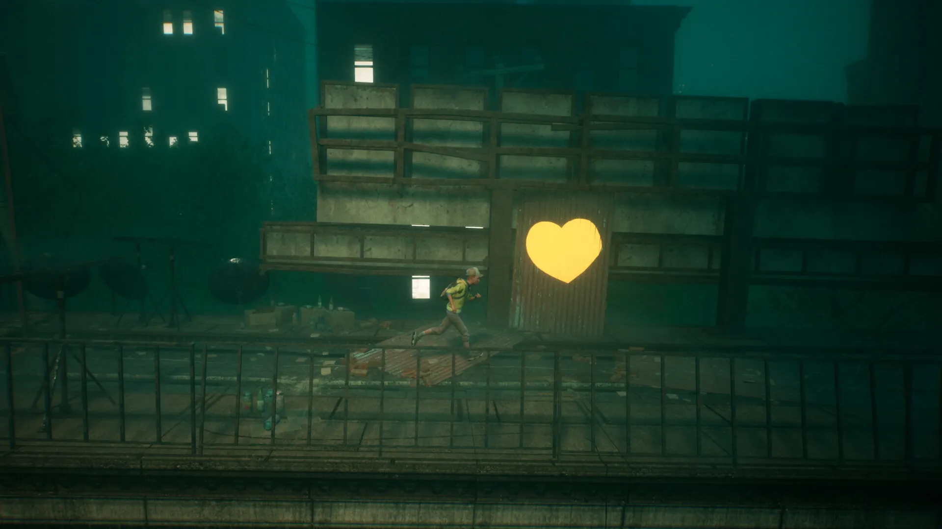 ONE WAY HOME: Boy runs past glowing heart door on rooftop in eerie, dimly lit urban night setting.