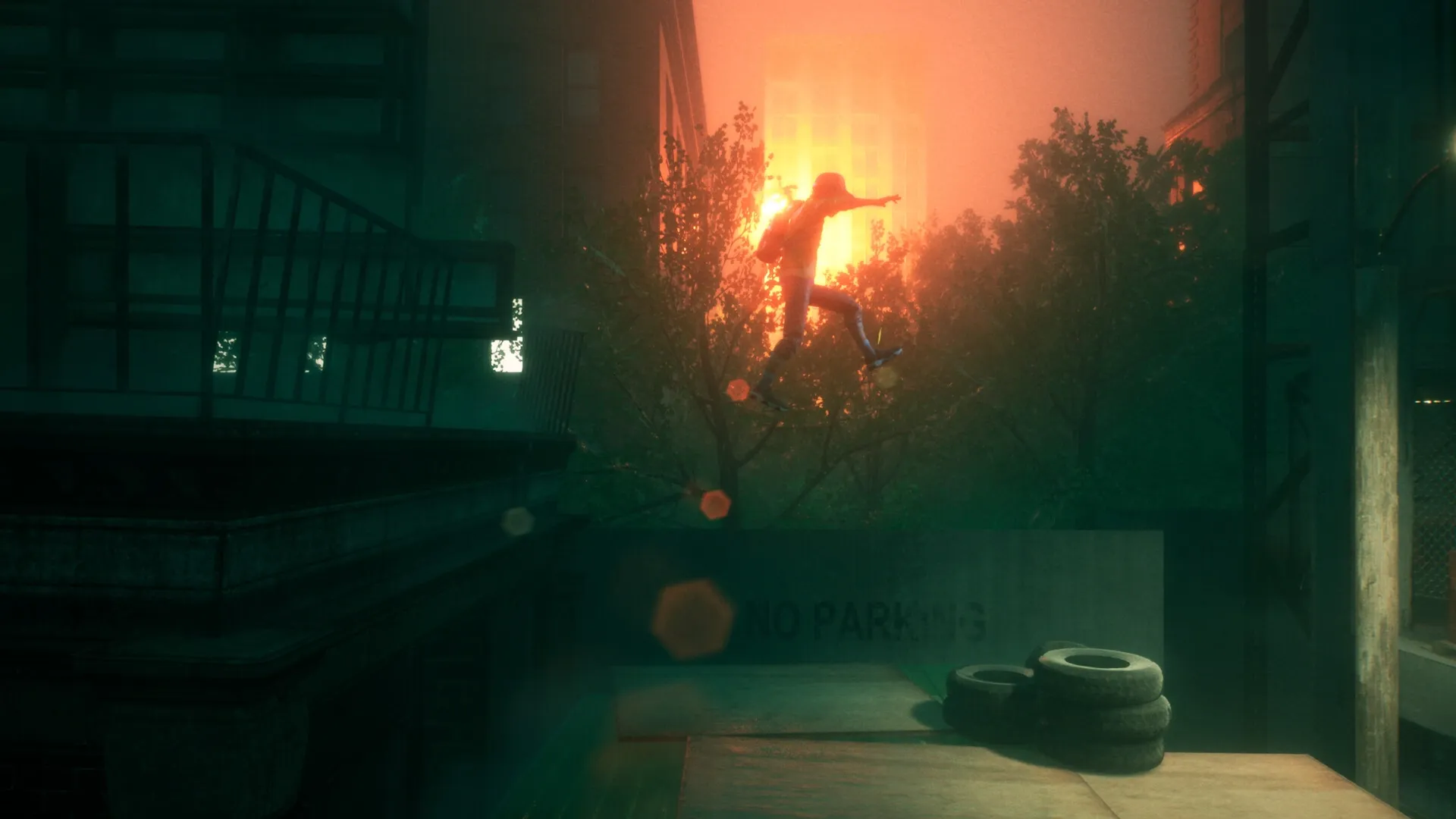 ONE WAY HOME: Boy leaping across rooftops in eerie, foggy cityscape with glowing orange sky
