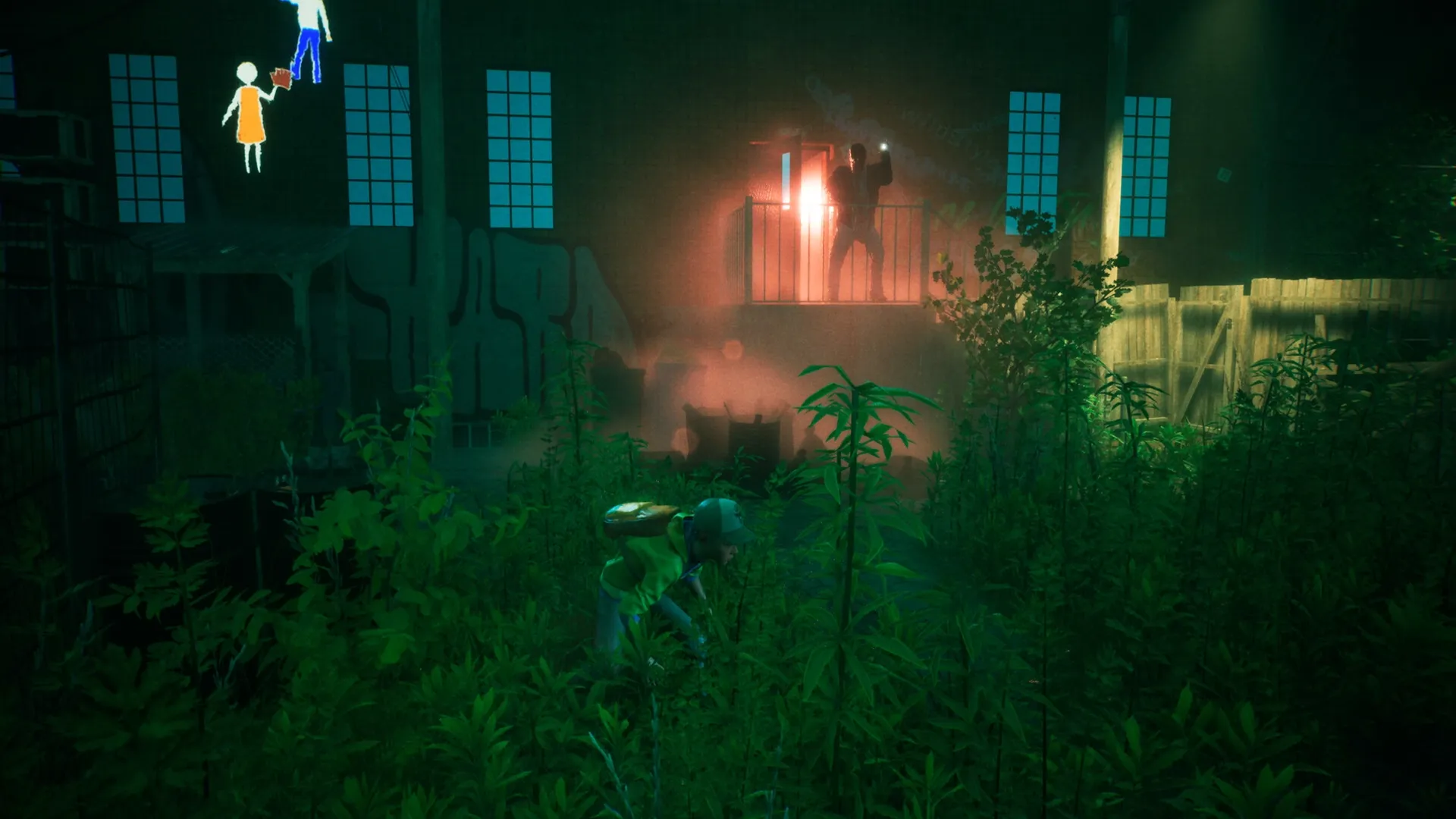 ONE WAY HOME: Boy crouching in overgrown yard while shadowy figure stands in illuminated balcony