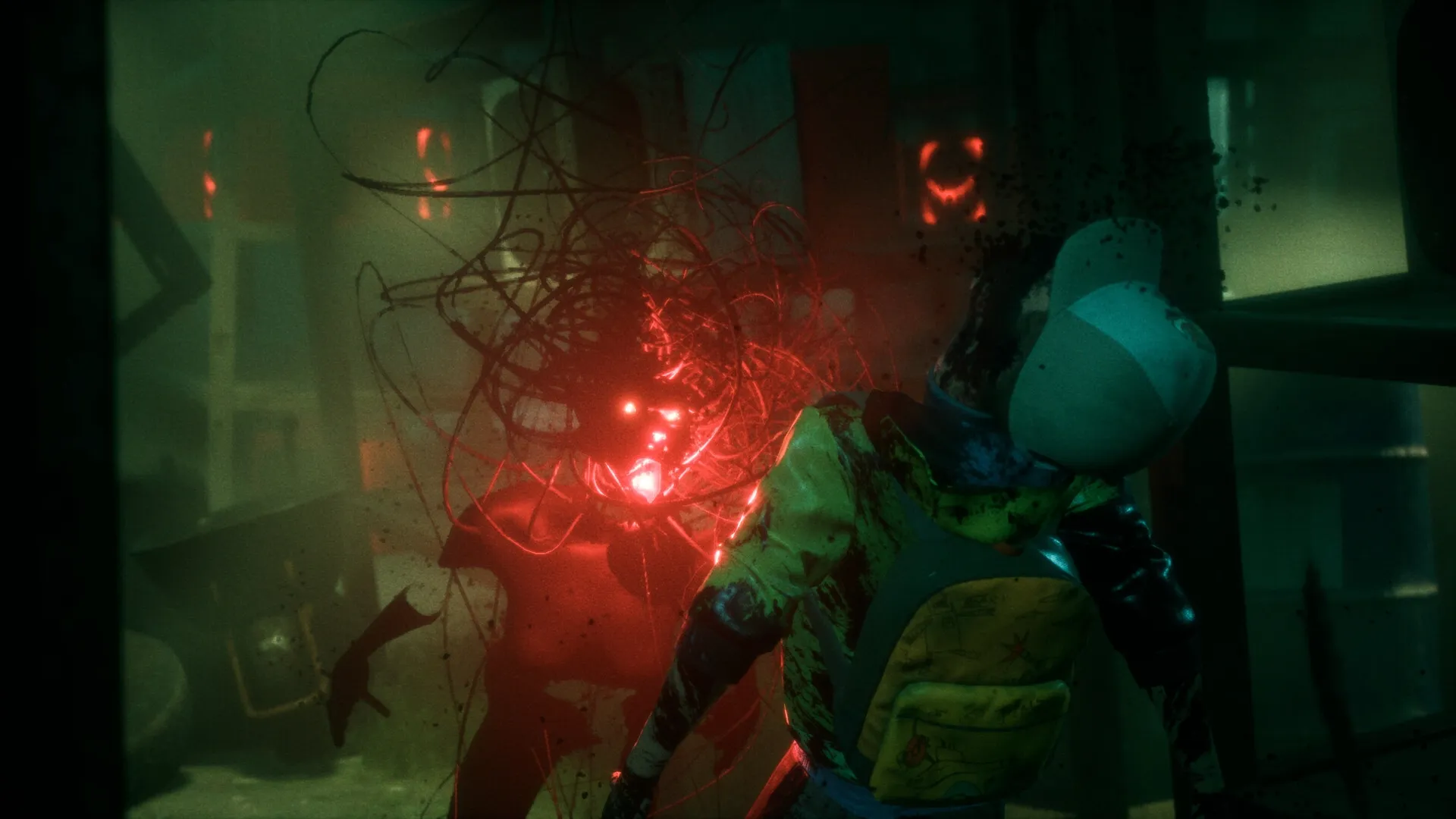 ONE WAY HOME: Boy encounters glowing red monster in a dark, cluttered environment filled with shadows.