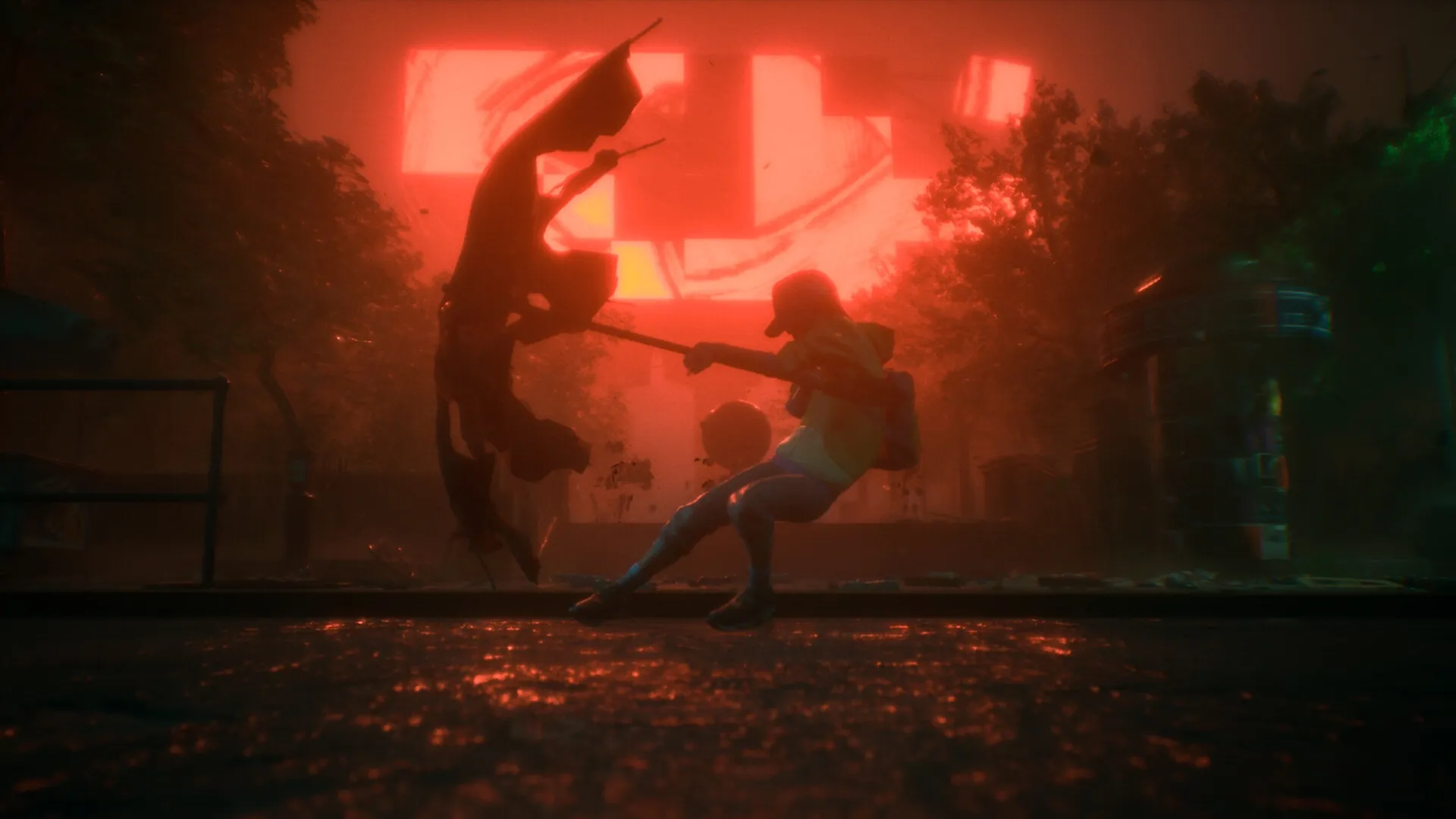 ONE WAY HOME: Boy battling shadowy creature in eerie, red-lit forest environment
