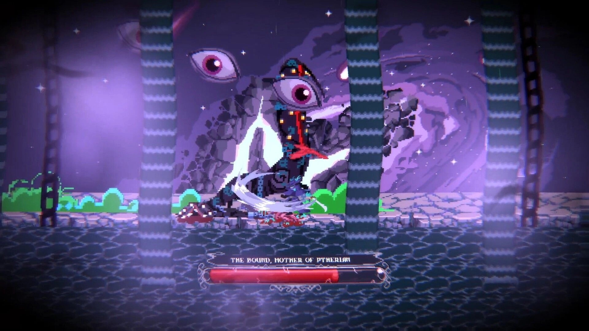Oneirium: Boss fight with The Bound, Mother of Ptherian HP bar in a purple dreamscape arena.