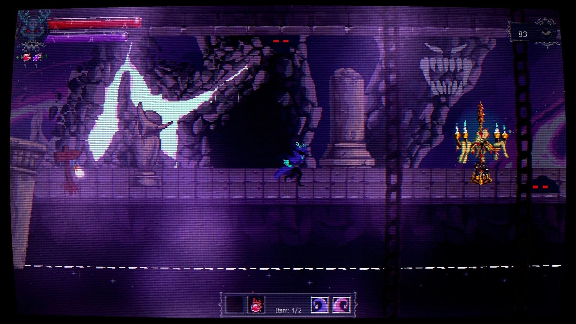 Oneirium: Player runs past a dark portal and chandelier in a purple stone corridor with HUD bars.