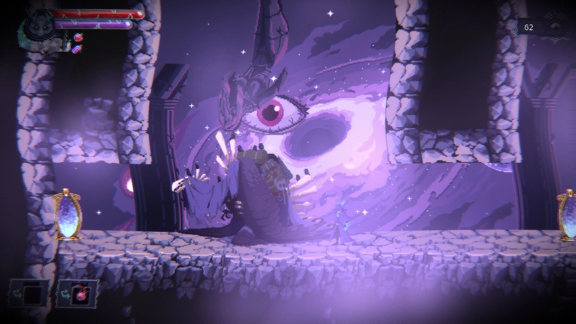 Oneirium: Player faces a giant eye creature on a stone platform in a purple dream cavern HUD visible.