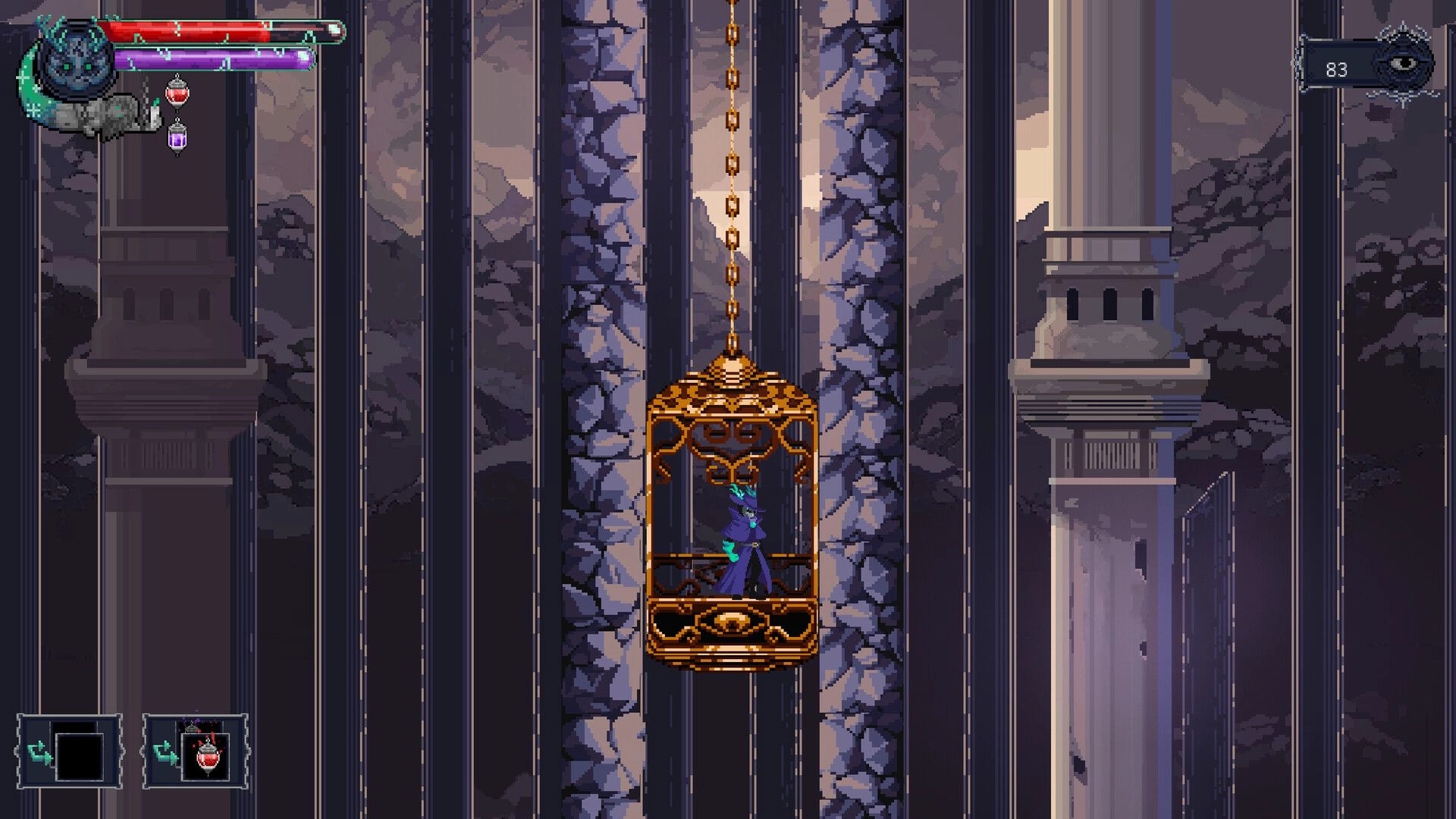 Oneirium: Player rides ornate cage elevator with health bars UI in towering stone shaft.