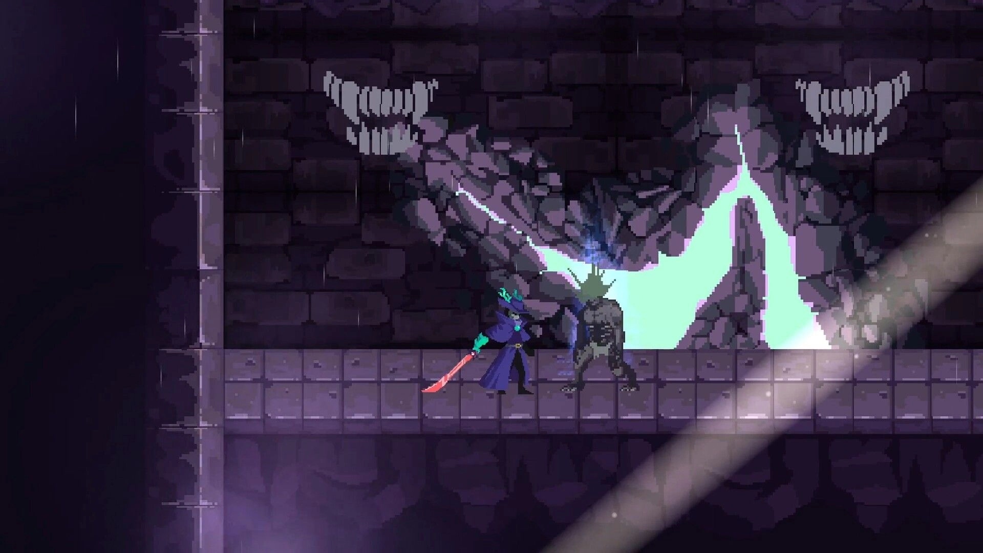 Oneirium: Cloaked swordsman confronts a monster beside a glowing wall tear in a dark stone corridor.